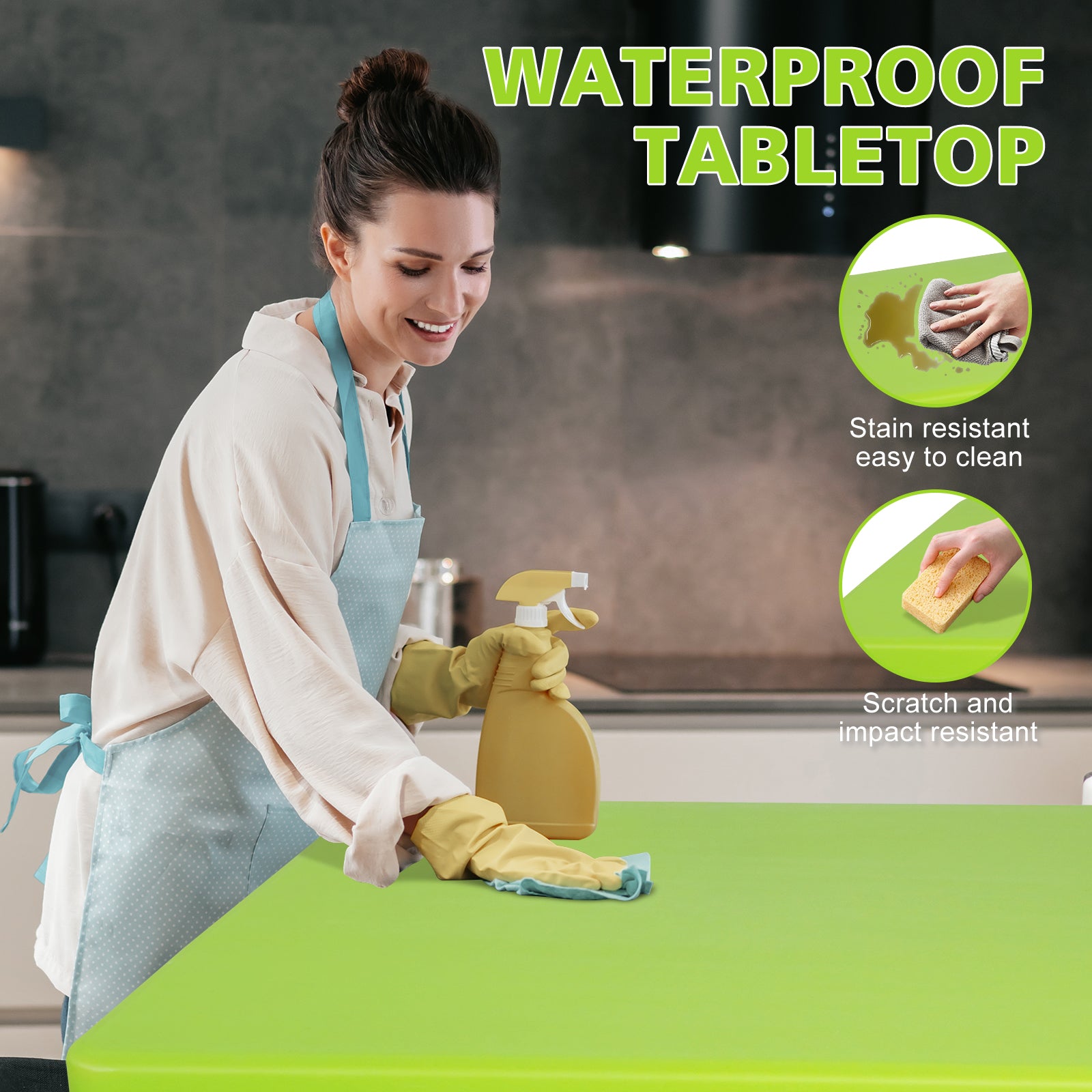 Woman cleaning a bright green waterproof tabletop with spray demonstrating stain resistance