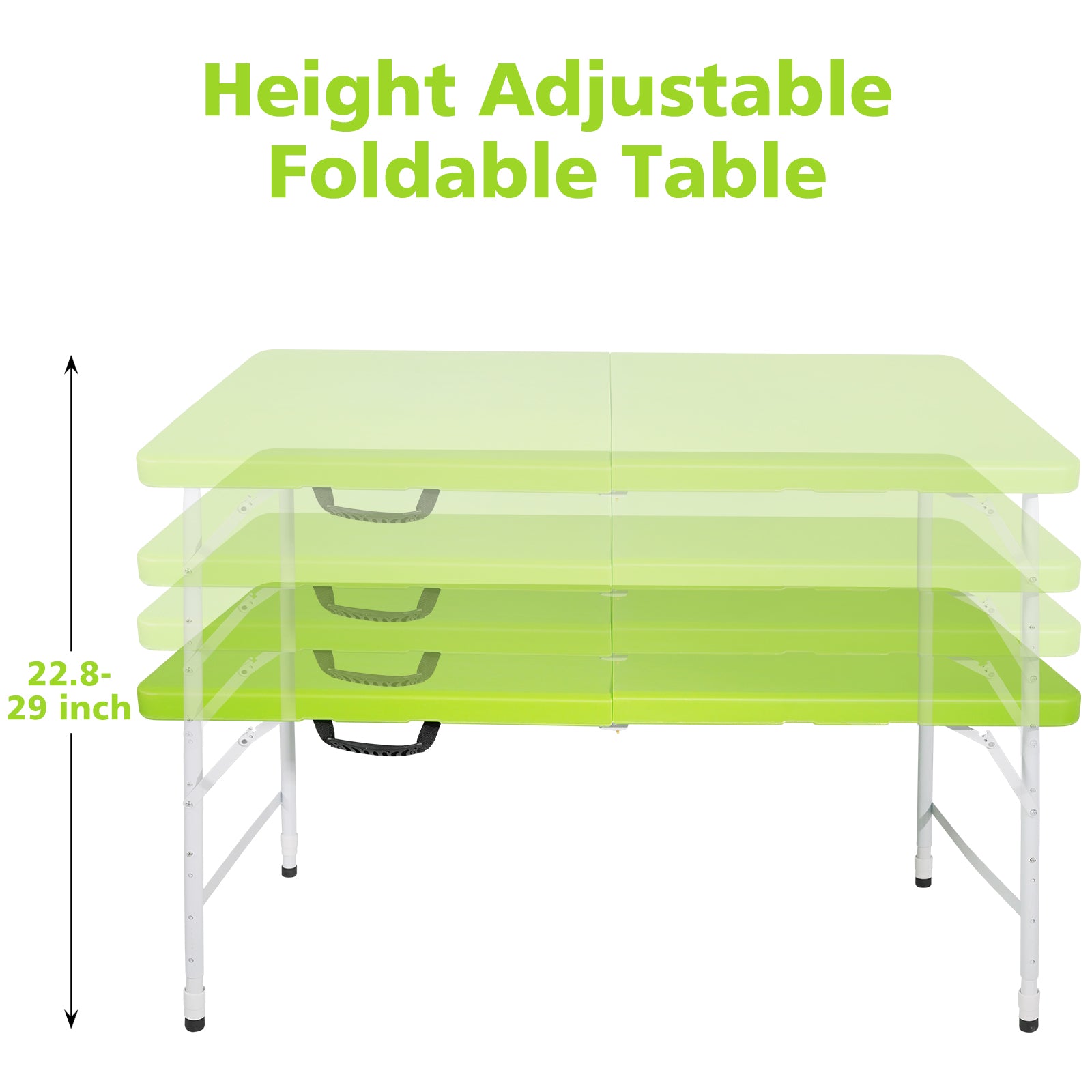 Green height adjustable foldable table with metal legs