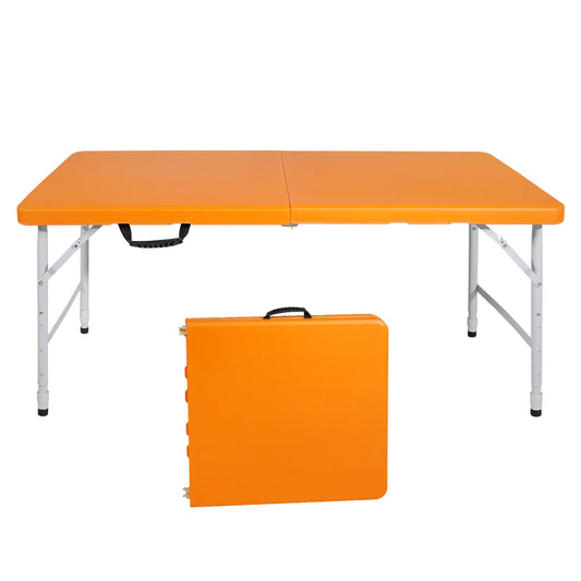 Orange folding table with portable design and carrying handle perfect for events