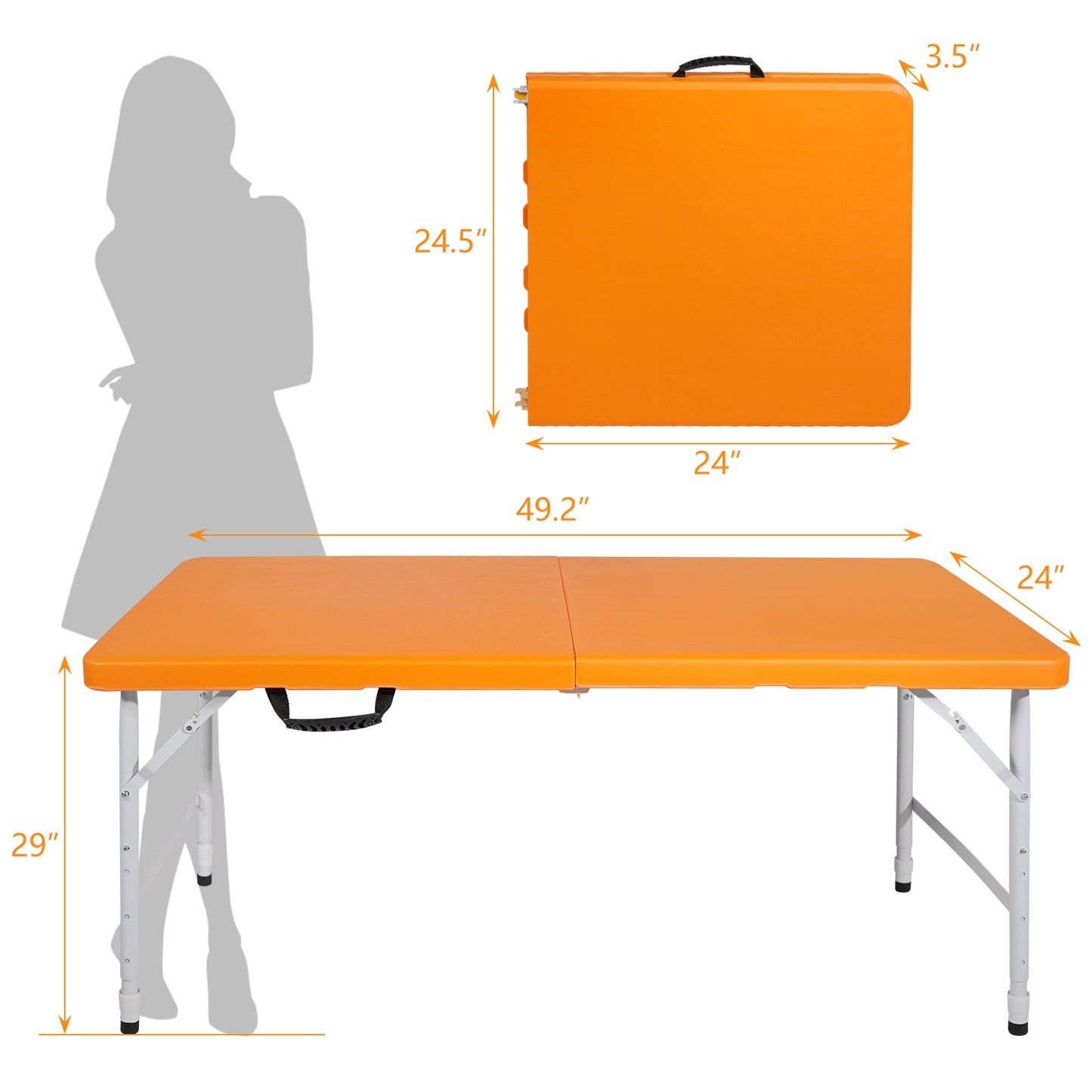 Orange foldable party table with metal legs  long