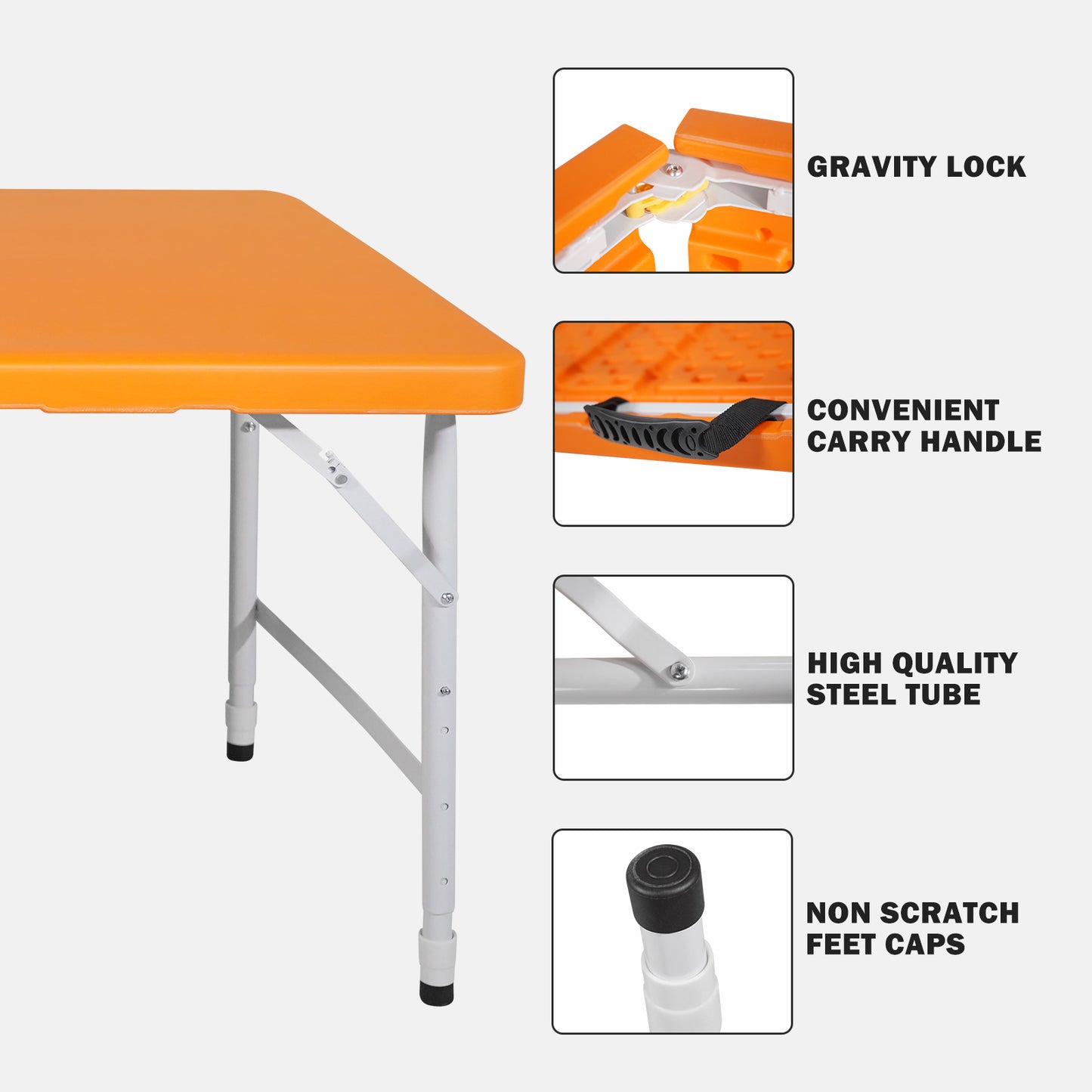 Orange folding table with adjustable legs ideal for outdoor events