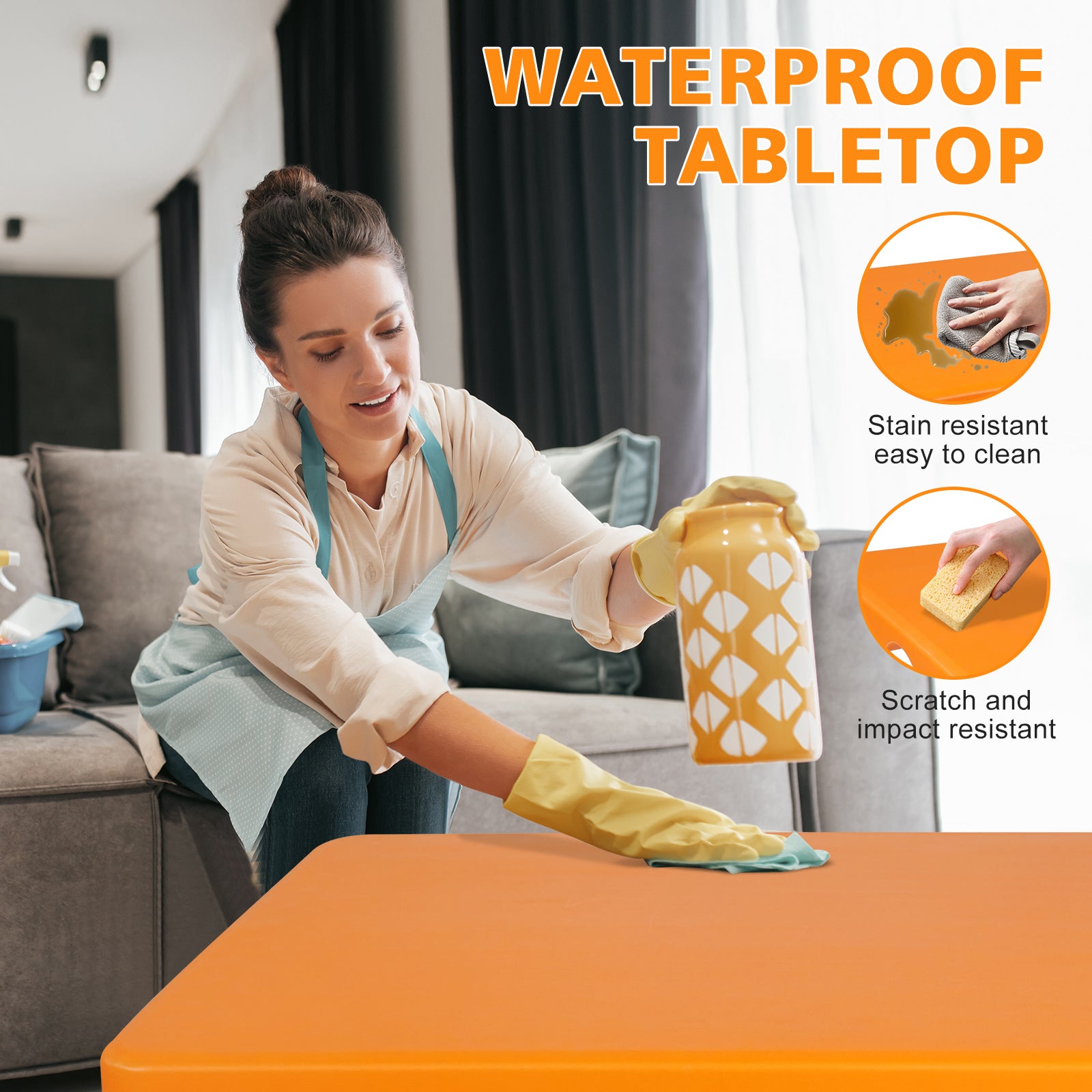 Orange waterproof tabletop featuring stain resistant and easy to clean surface