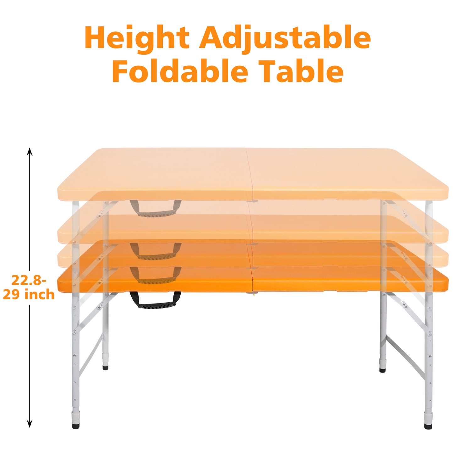 Orange foldable table with adjustable height and carrying handles