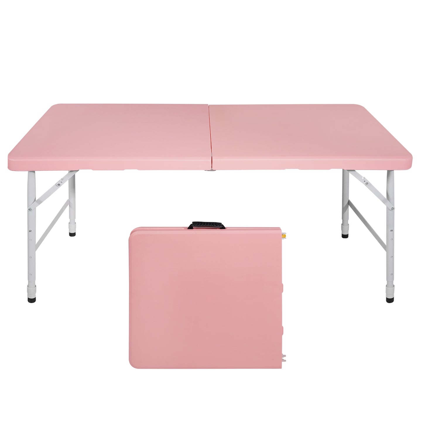 Pink foldable picnic table open for use with carrying case below