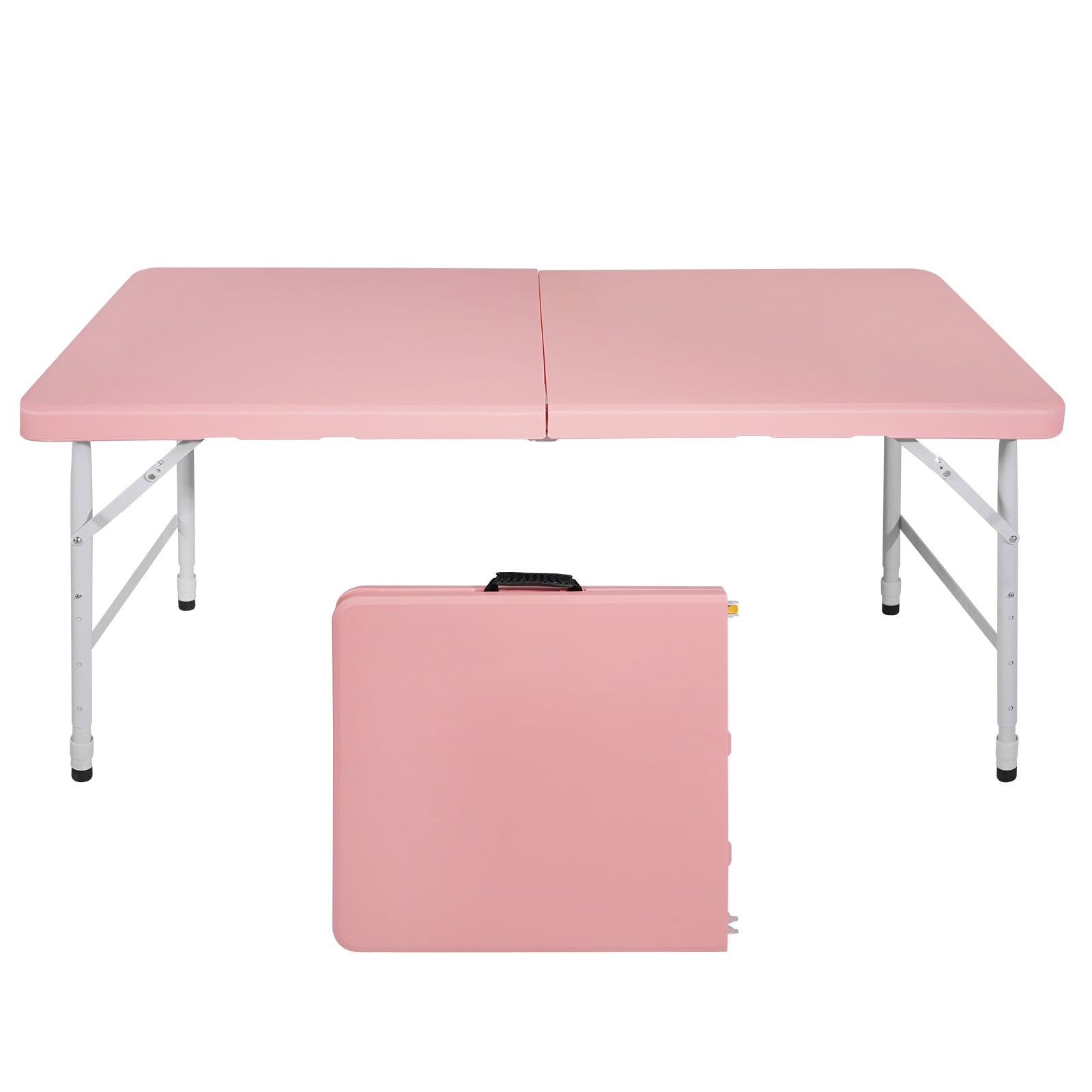 Pink foldable picnic table open for use with carrying case below