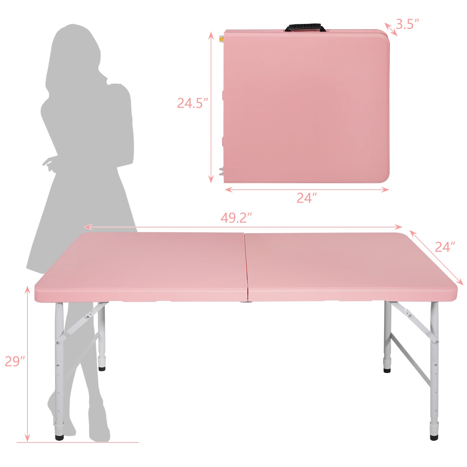 Pink folding table with white legs ideal for outdoor events and parties