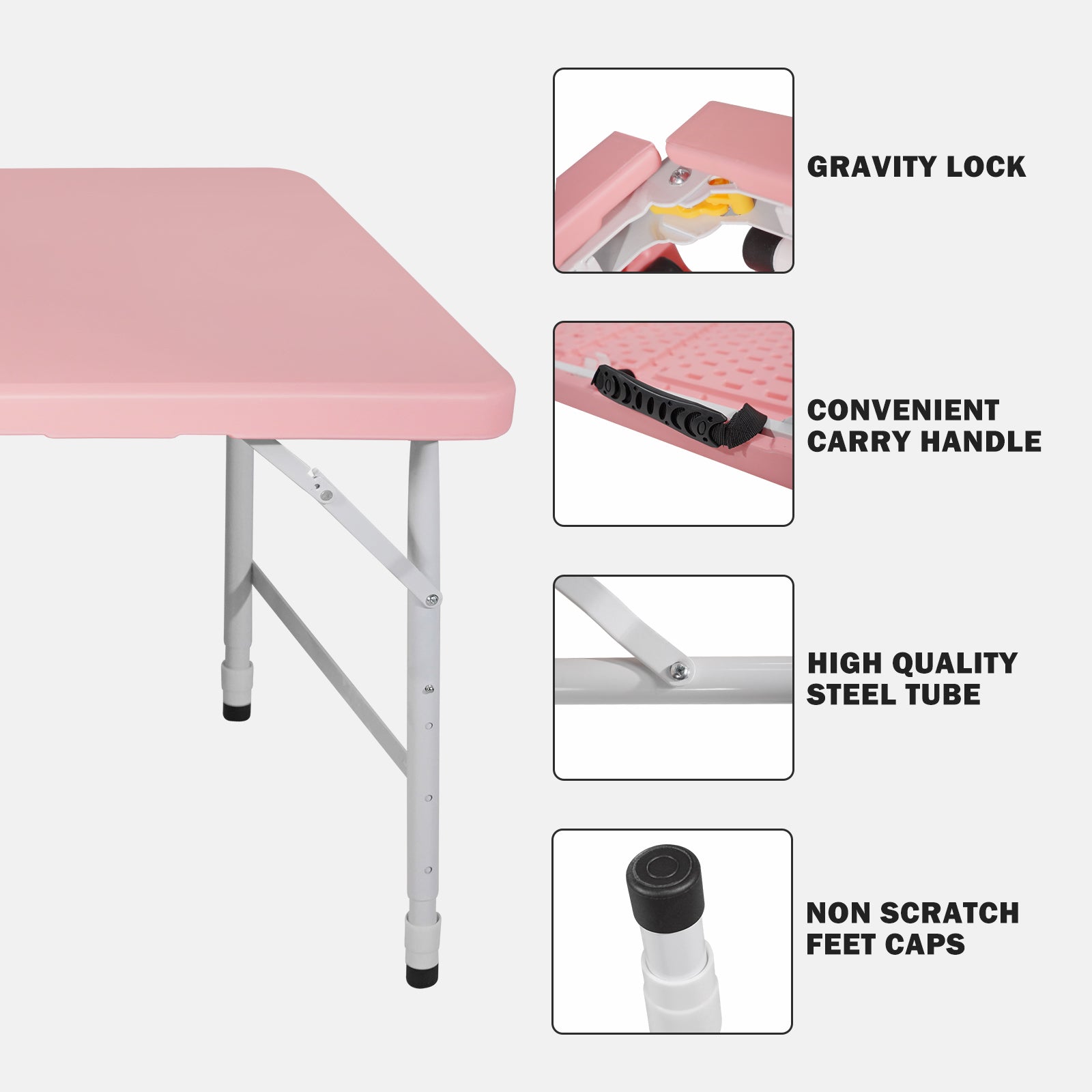 Pink folding table with gravity lock for secure setup