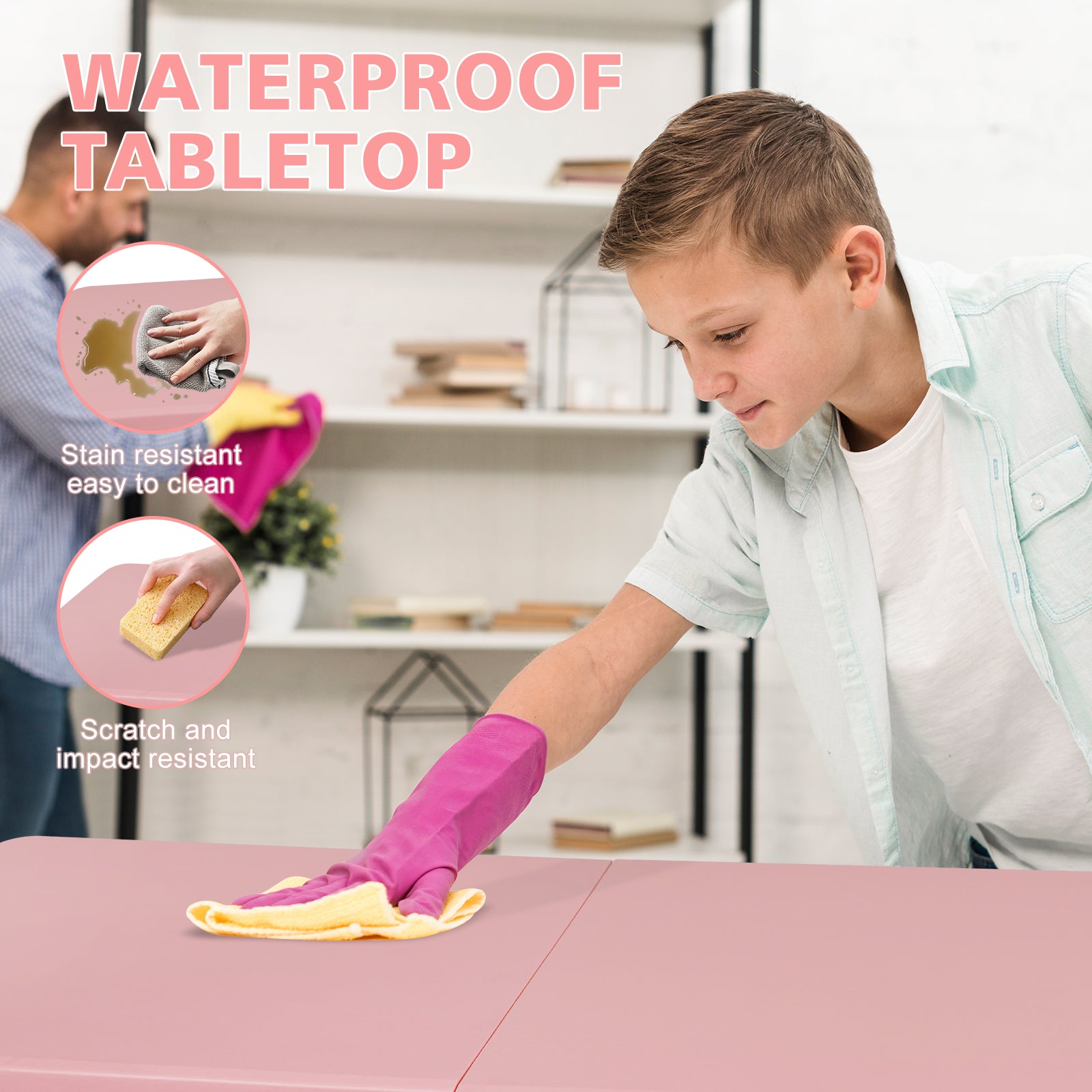 Pink waterproof tabletop with stainresistant surface being cleaned