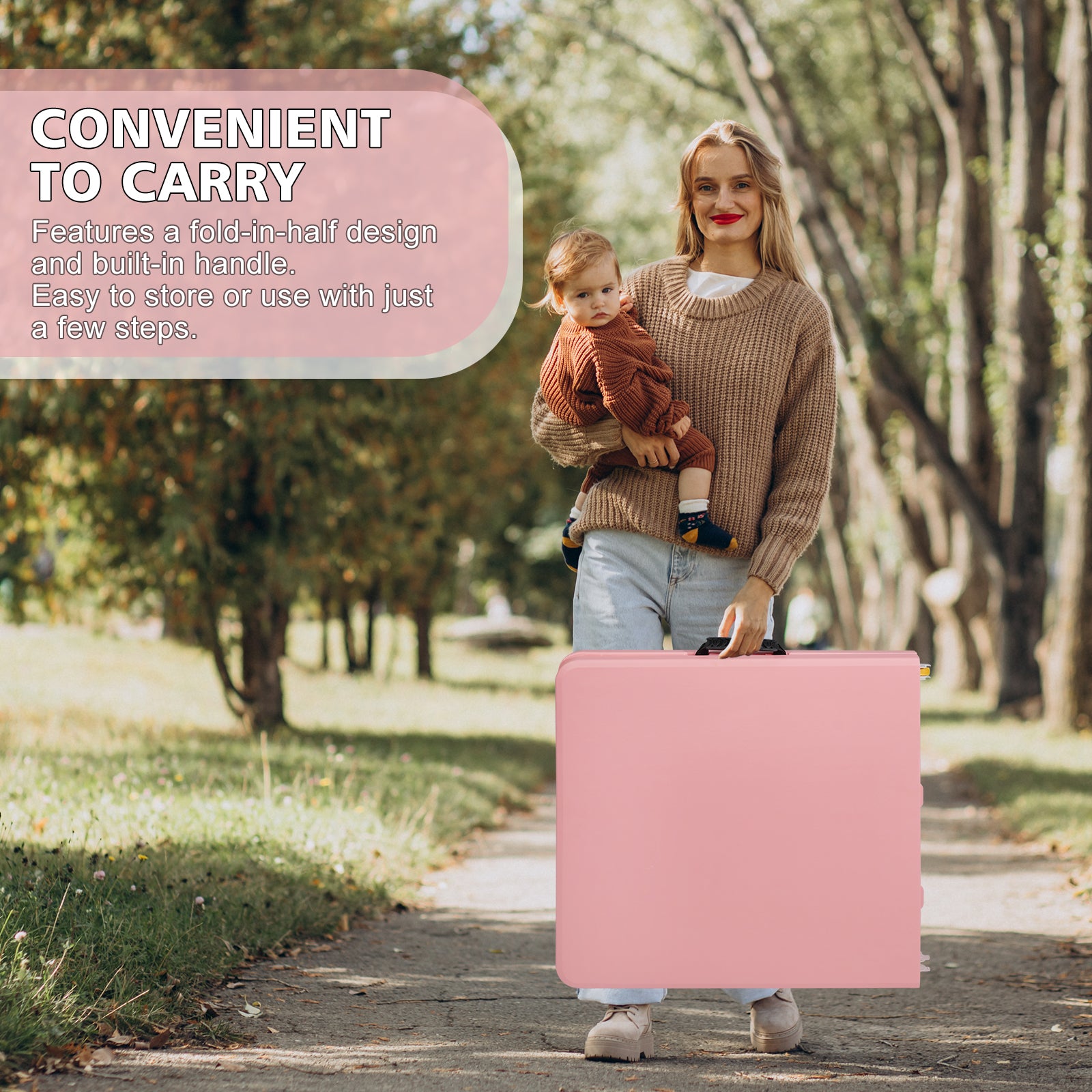 Closed pink foldable picnic table with handle ready for transport outdoors