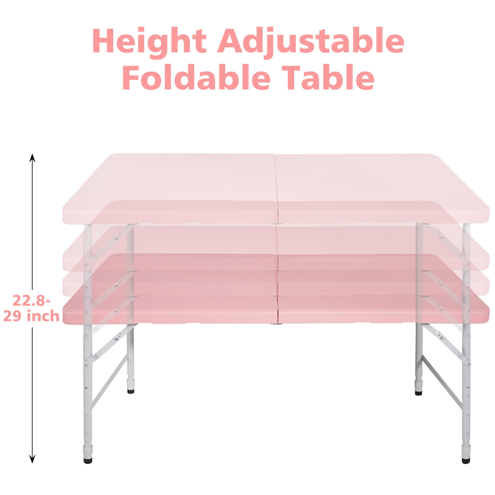 Pink plastic height adjustable foldable table shown at multiple heights