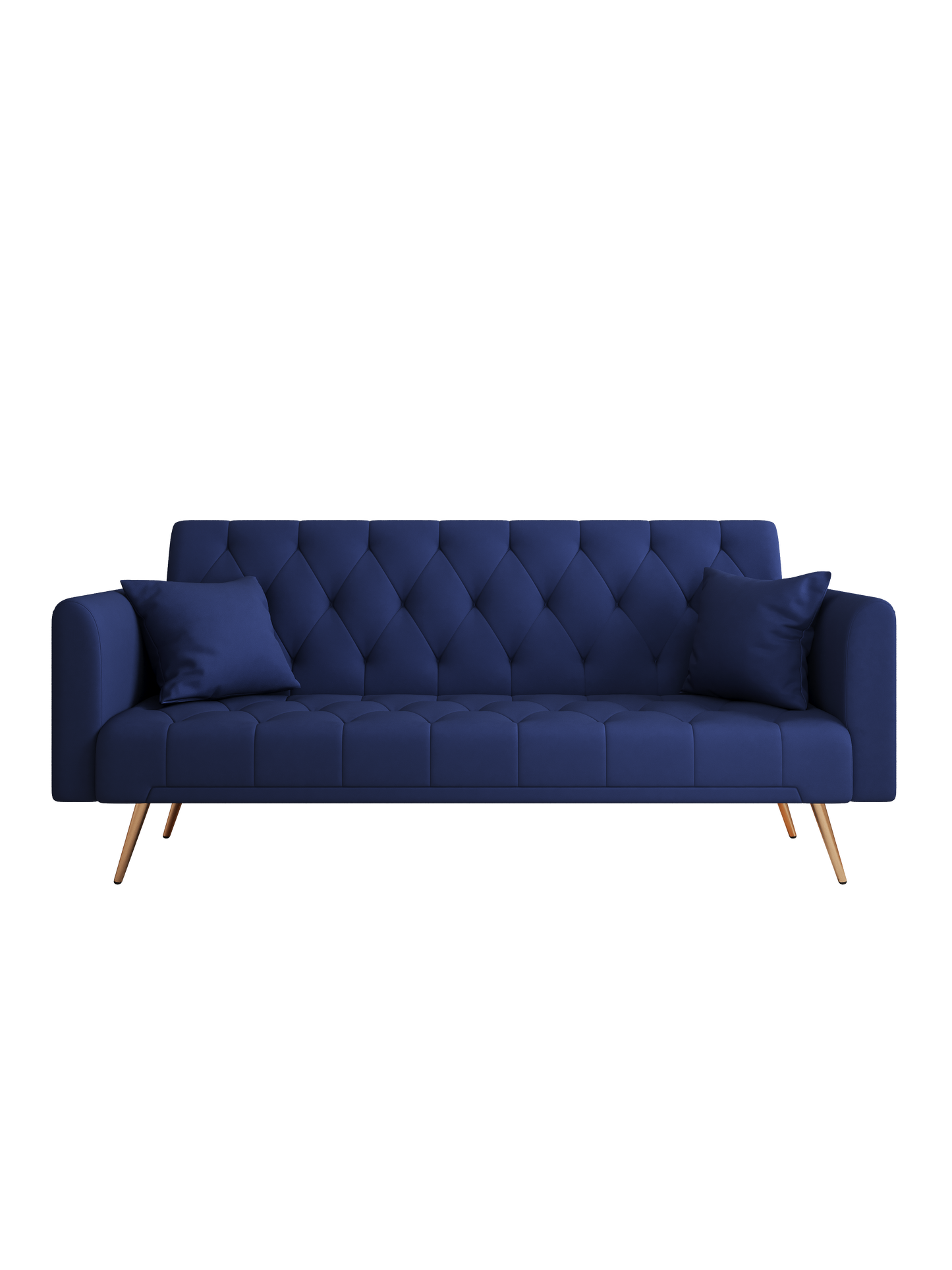 Deep blue tufted sofa with diamond pattern and two throw pillows midcentury modern style