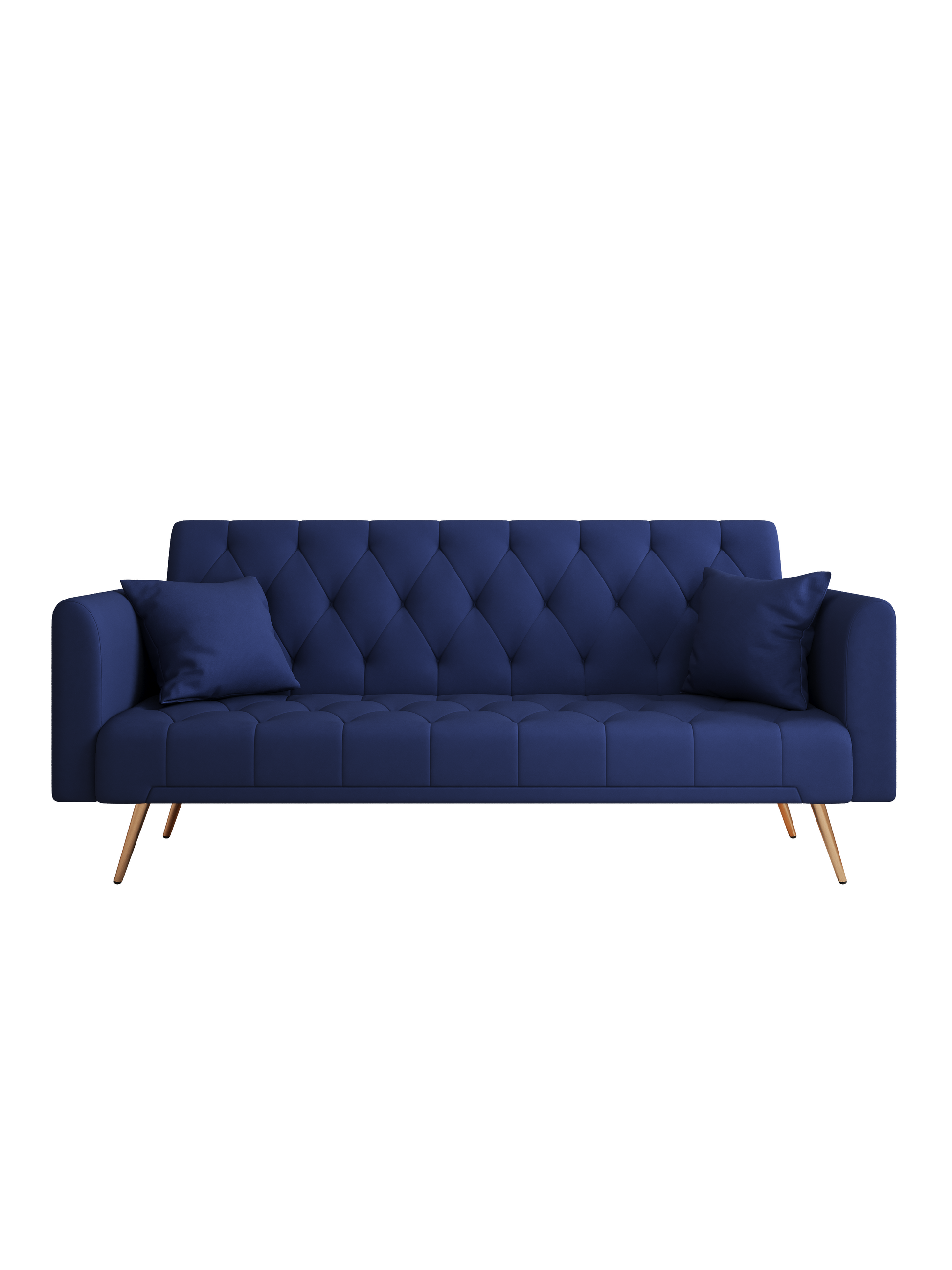 Deep blue tufted sofa with diamond pattern and two throw pillows midcentury modern style