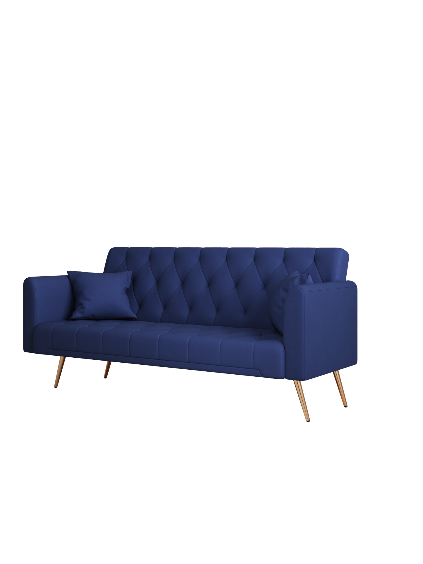 Deep blue velvet sofa with tufted back metal legs and accent pillow