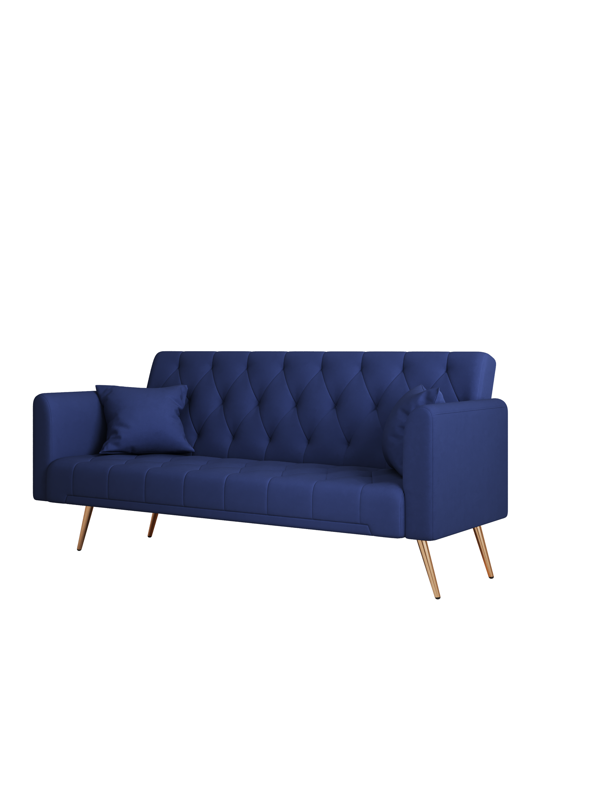 Deep blue velvet sofa with tufted back metal legs and accent pillow