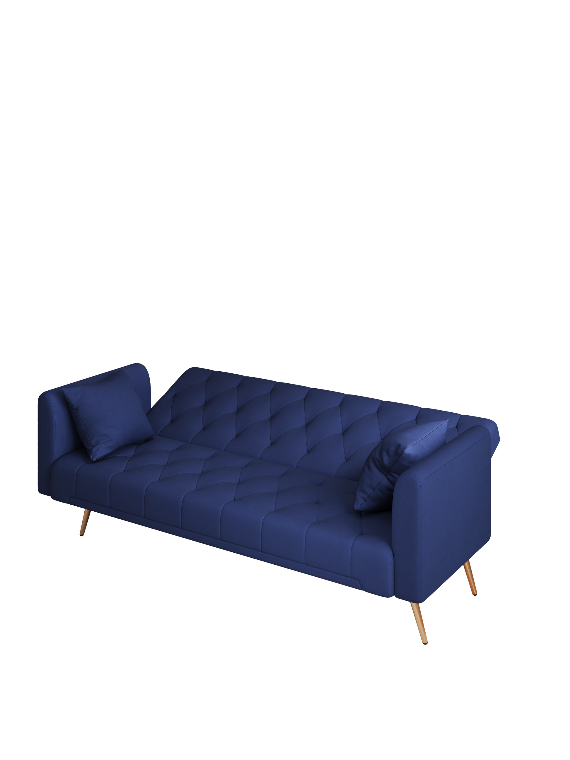 Tufted navy blue fabric sofa with wooden legs and two accent pillows