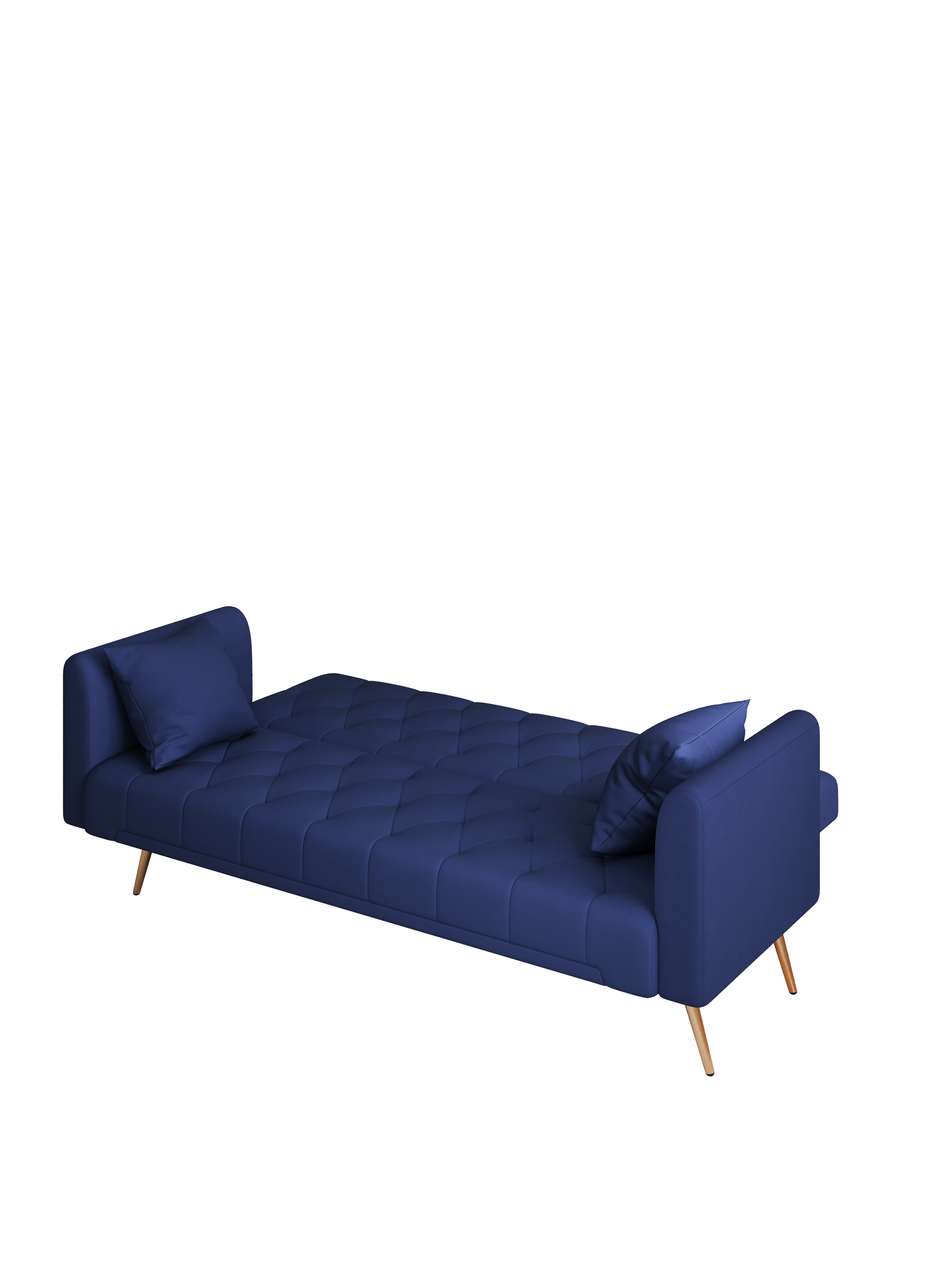 Deep blue velvet sofa bed with tufted seat and two throw pillows