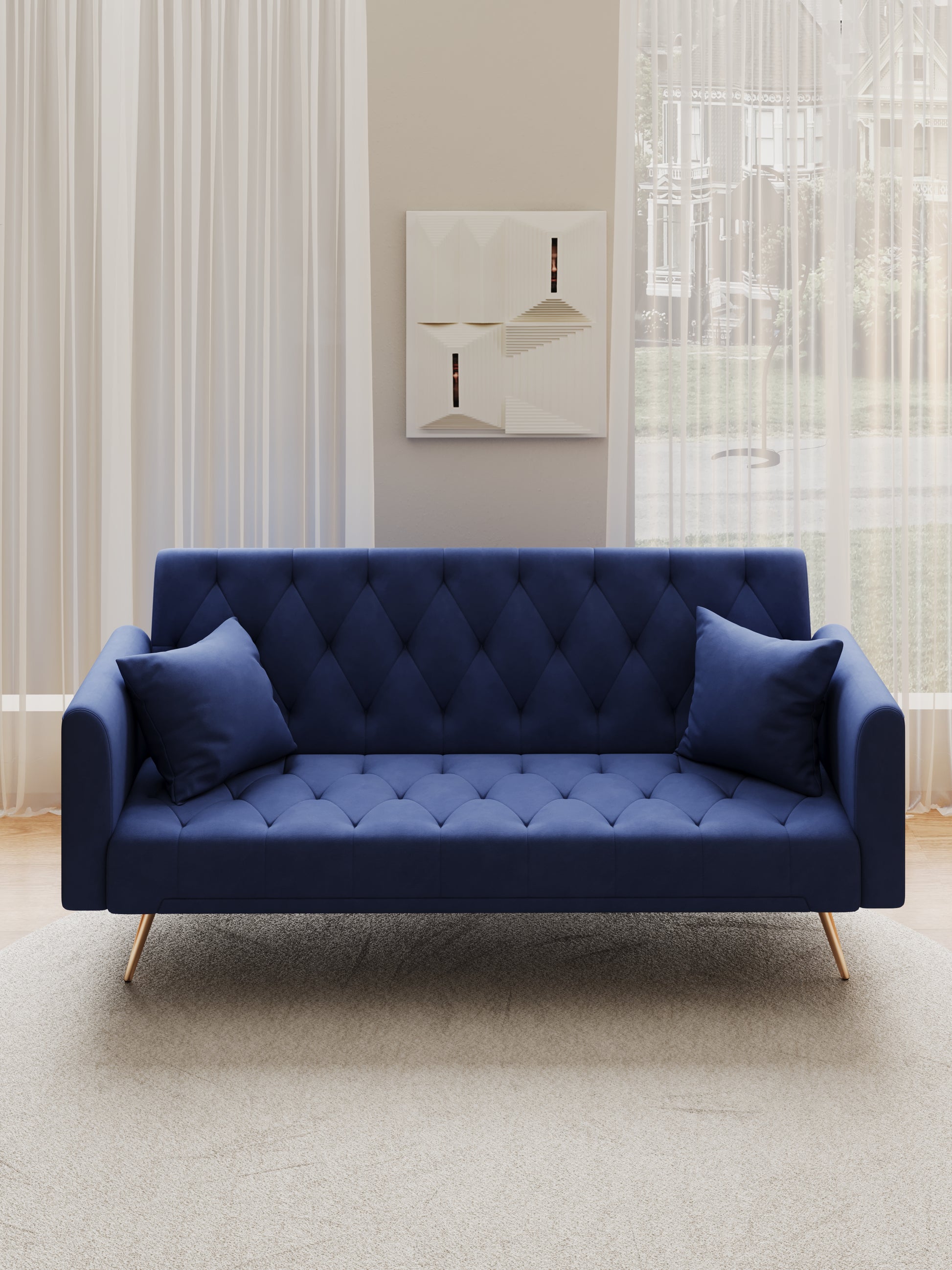 Tufted navy velvet sofa with diamond stitching and rose gold legs perfect for a modern living room