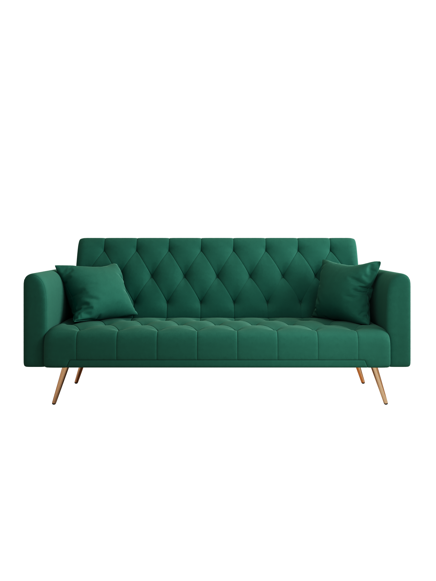 Emerald green velvet sofa with tufted diamond pattern back and matching throw pillows