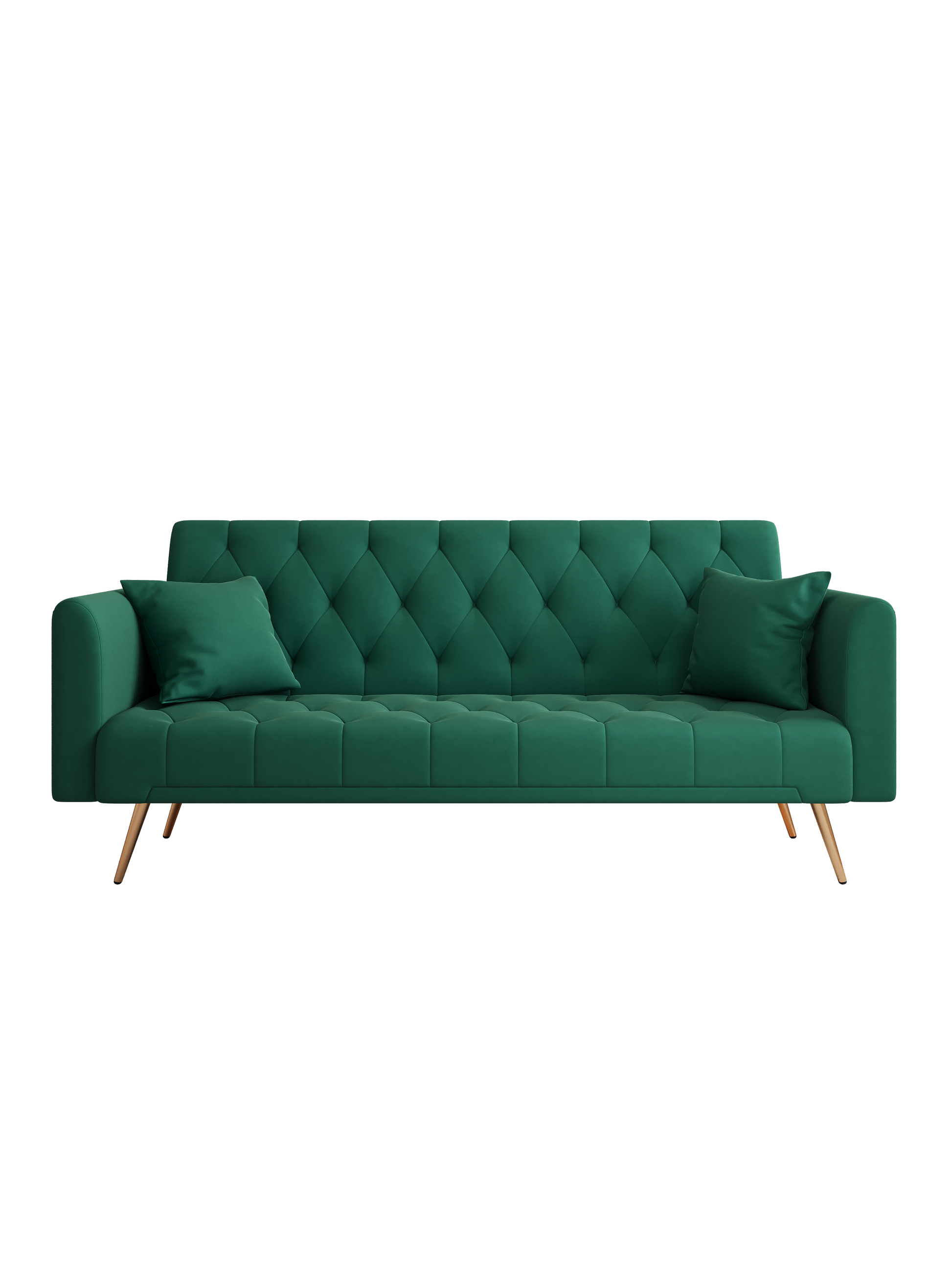 Emerald green velvet sofa with tufted diamond pattern back and matching throw pillows