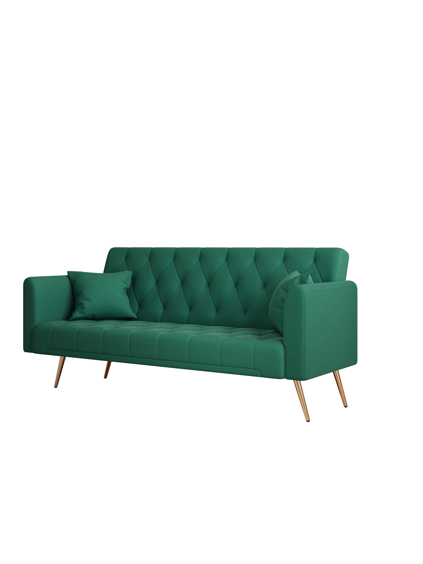 Emerald green velvet sofa with tufted back and gold legs