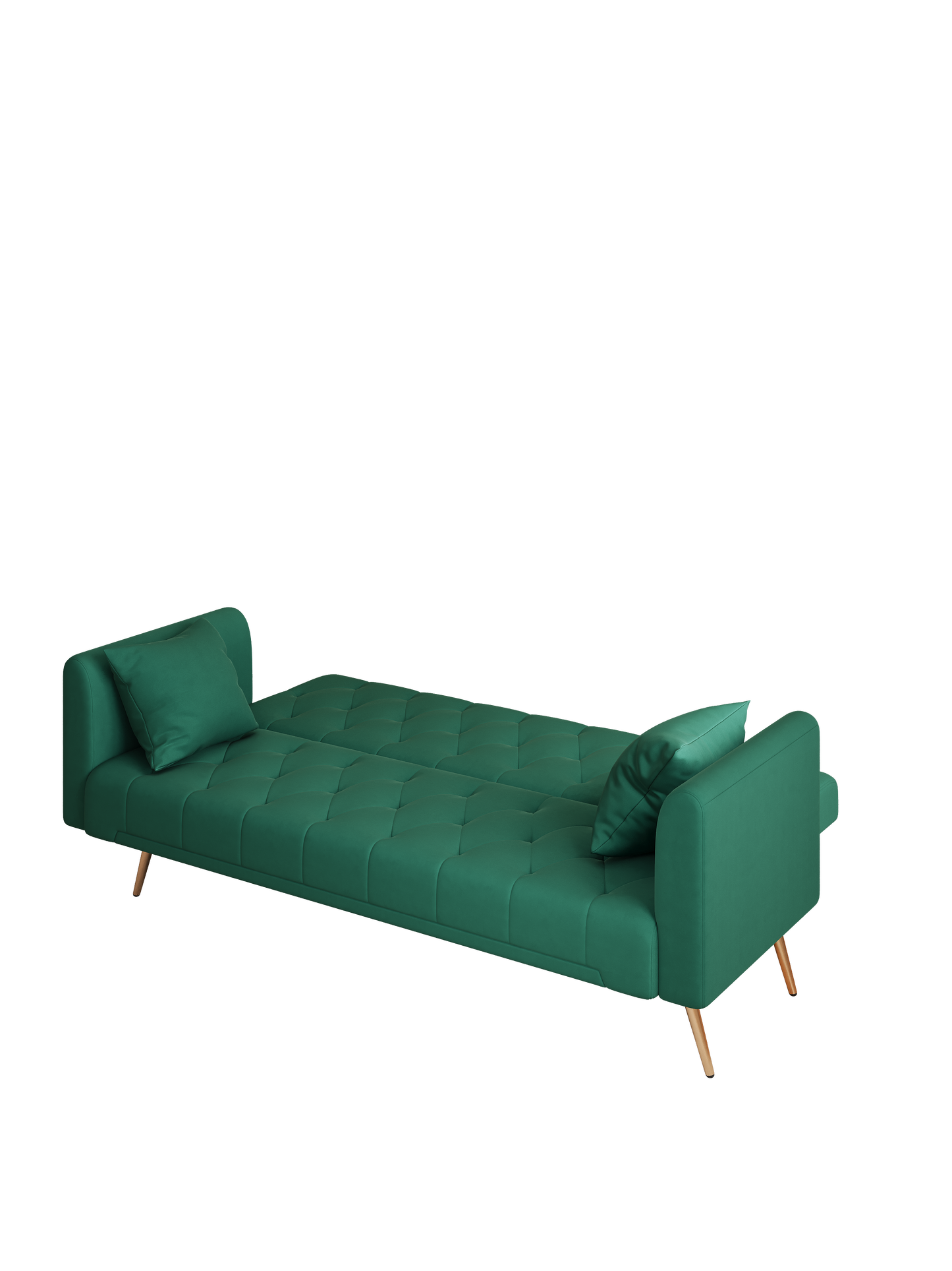 Tufted emerald green velvet sofa with wooden legs and two matching pillows contemporary design