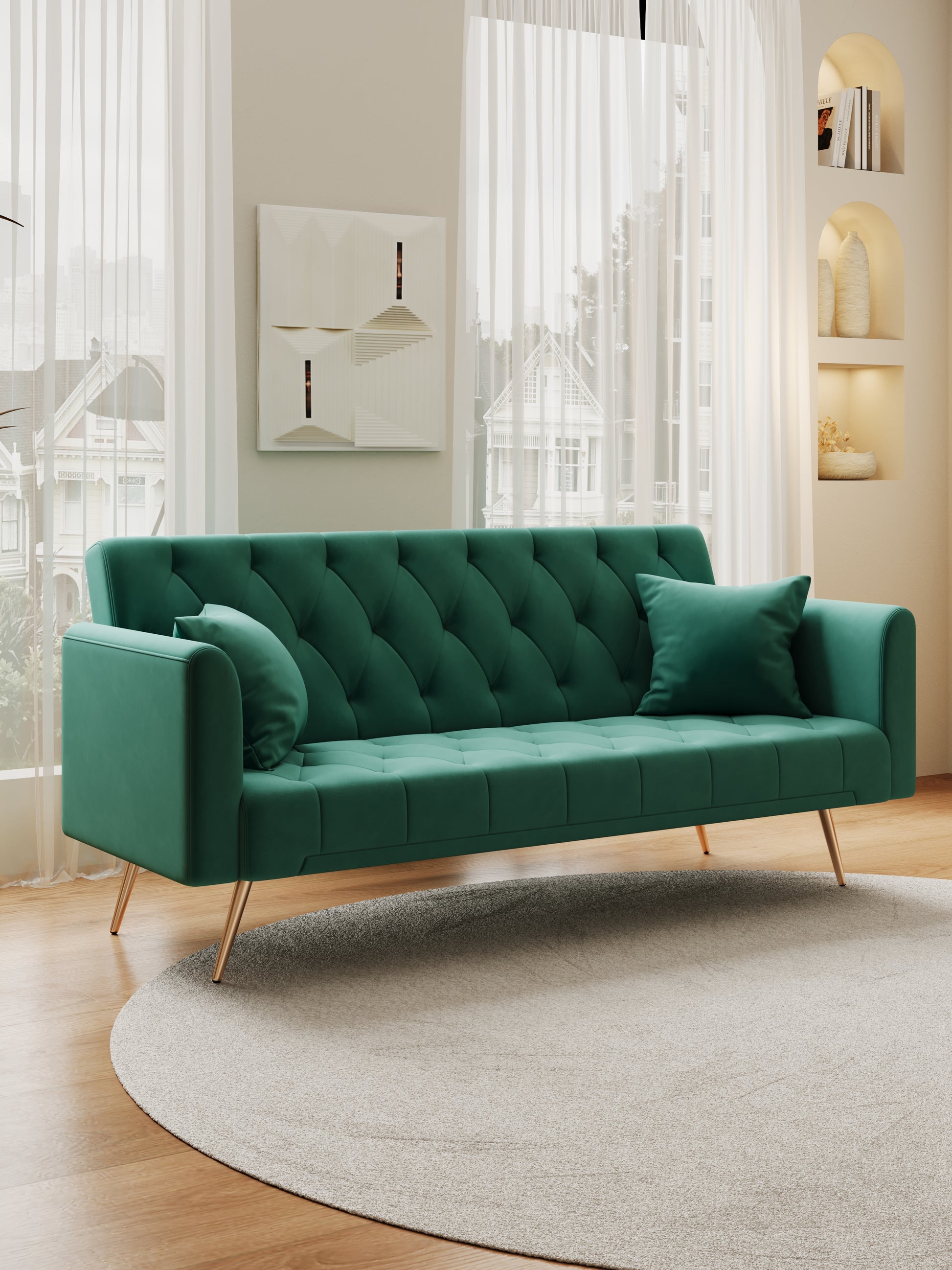 Deep green velvet tufted sofa with diamond stitching and gold tapered legs adding a plush touch to living rooms
