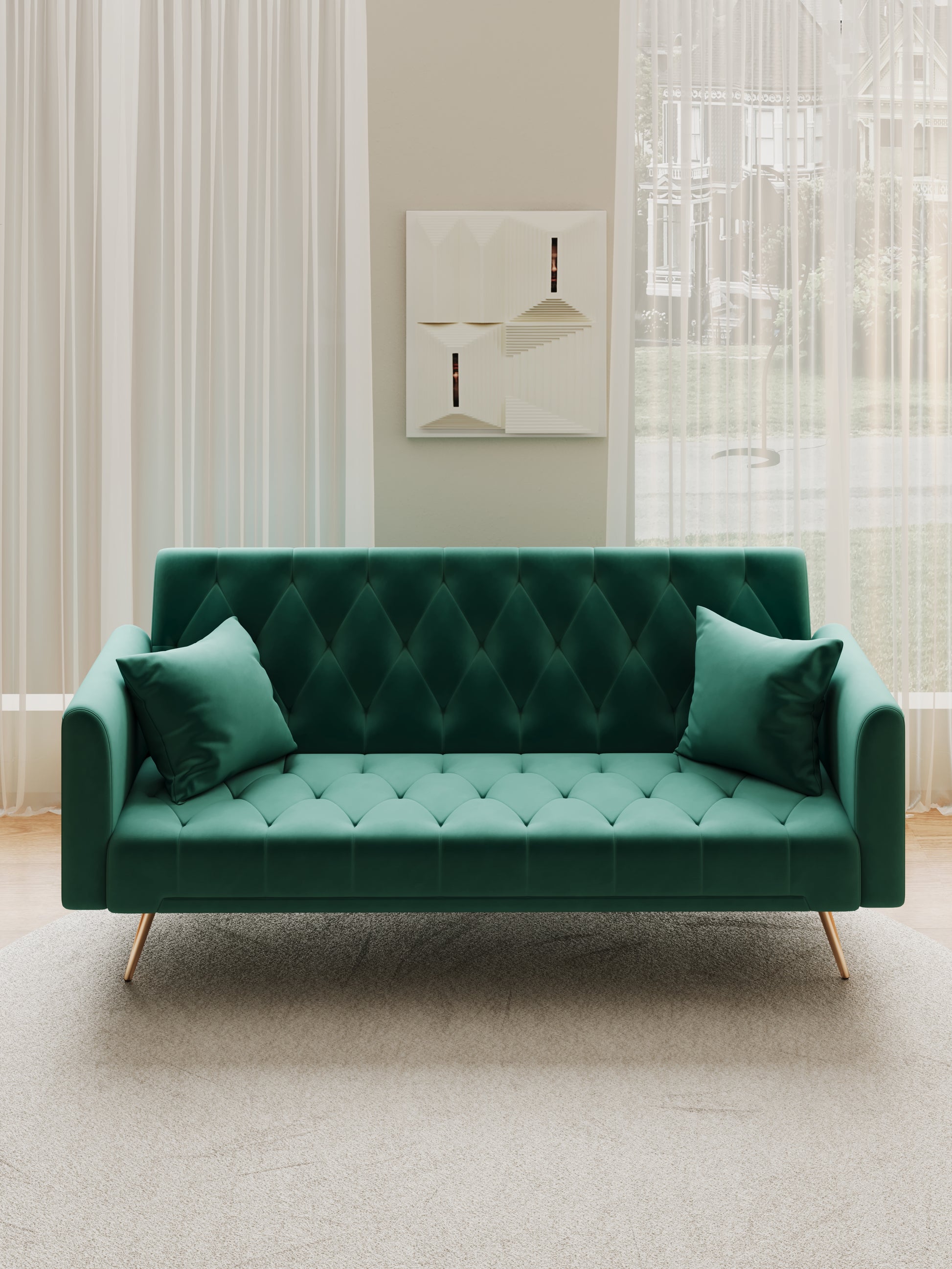Deep emerald velvet sofa with button tufting and gold legs featuring modern design