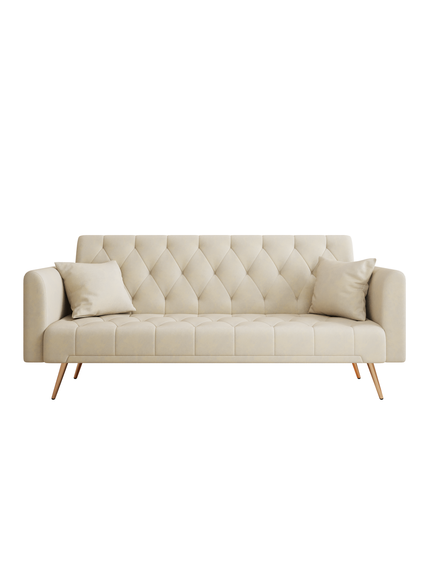Tufted beige velvet sofa with diamond pattern stitching and modern gold legs perfect for living rooms