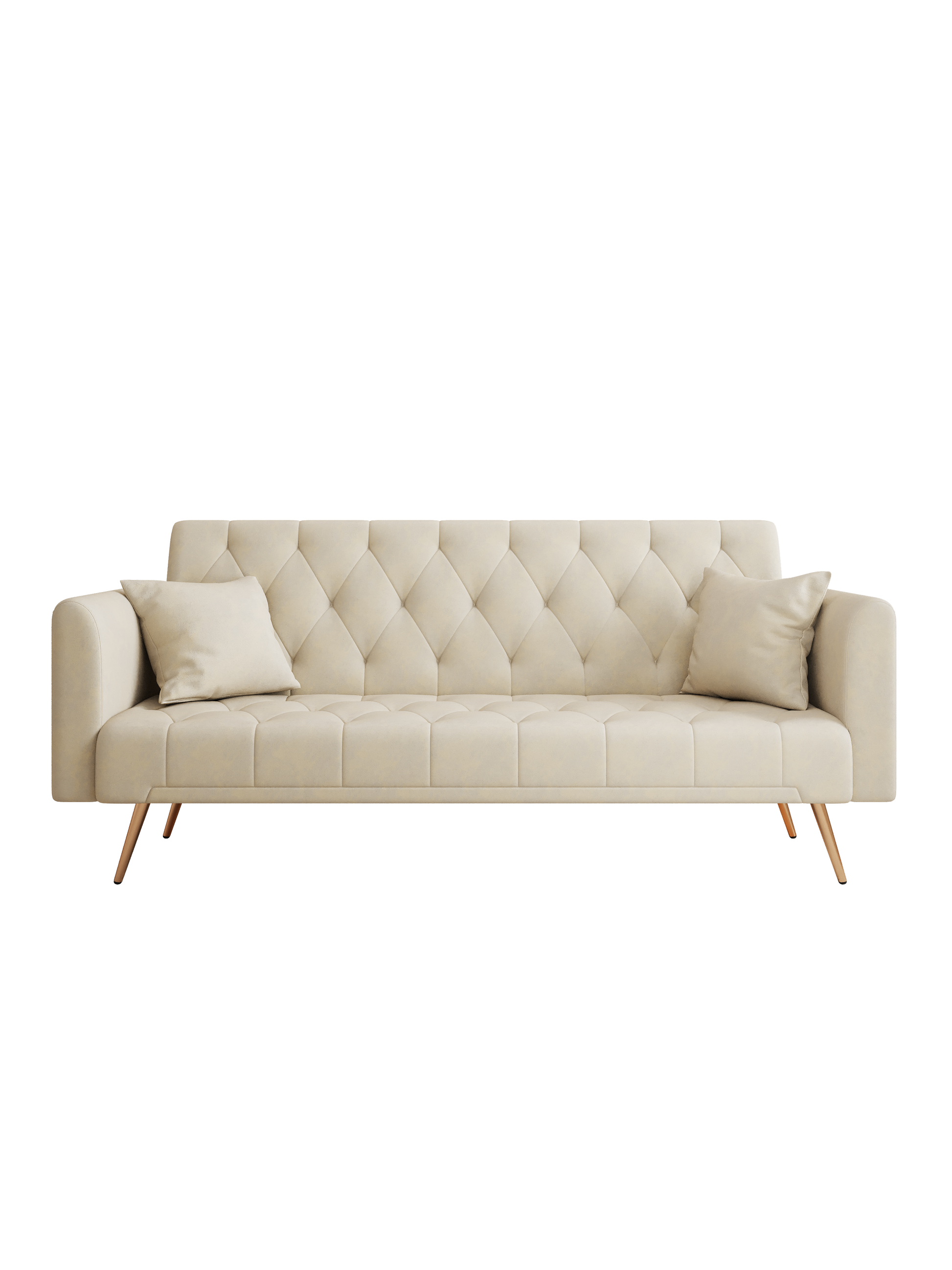 Tufted beige velvet sofa with diamond pattern stitching and modern gold legs perfect for living rooms