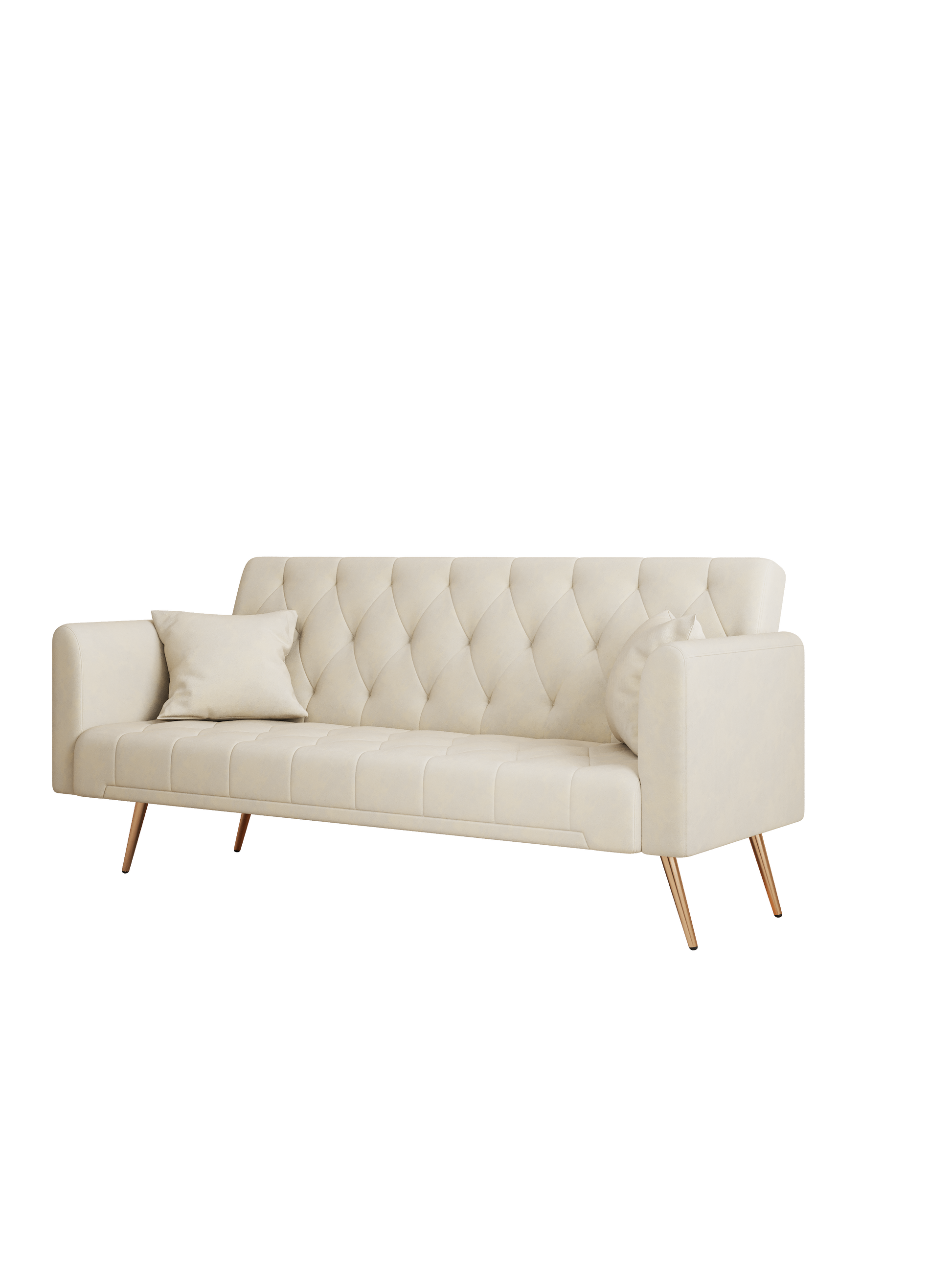 Cream velvet tufted sofa with diamond stitching and gold legs perfect for living rooms