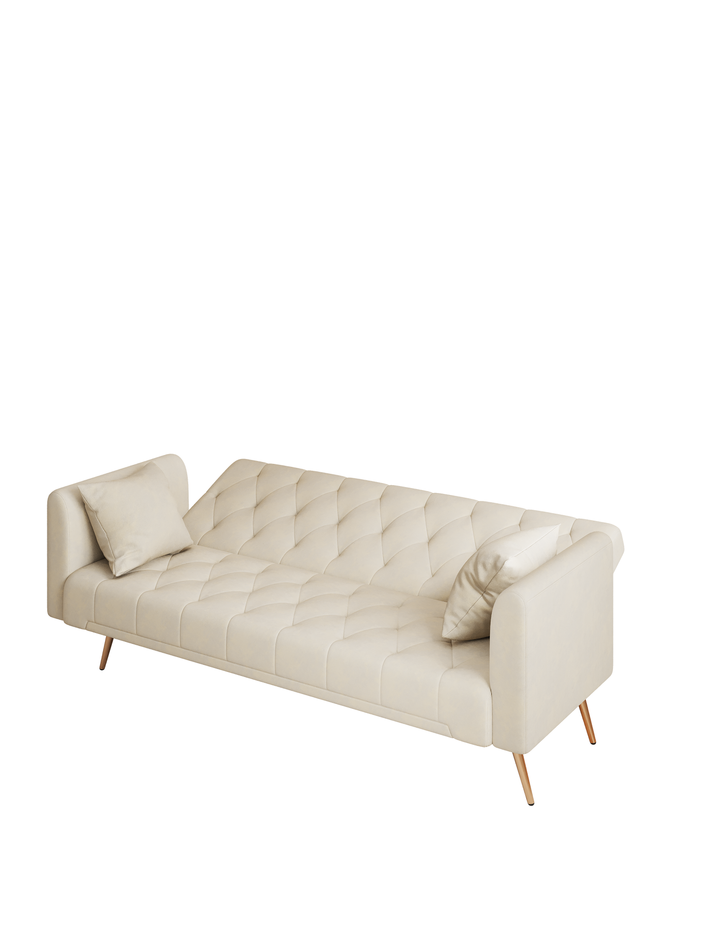 Cream tufted sofa with diamond stitching and two accent pillows