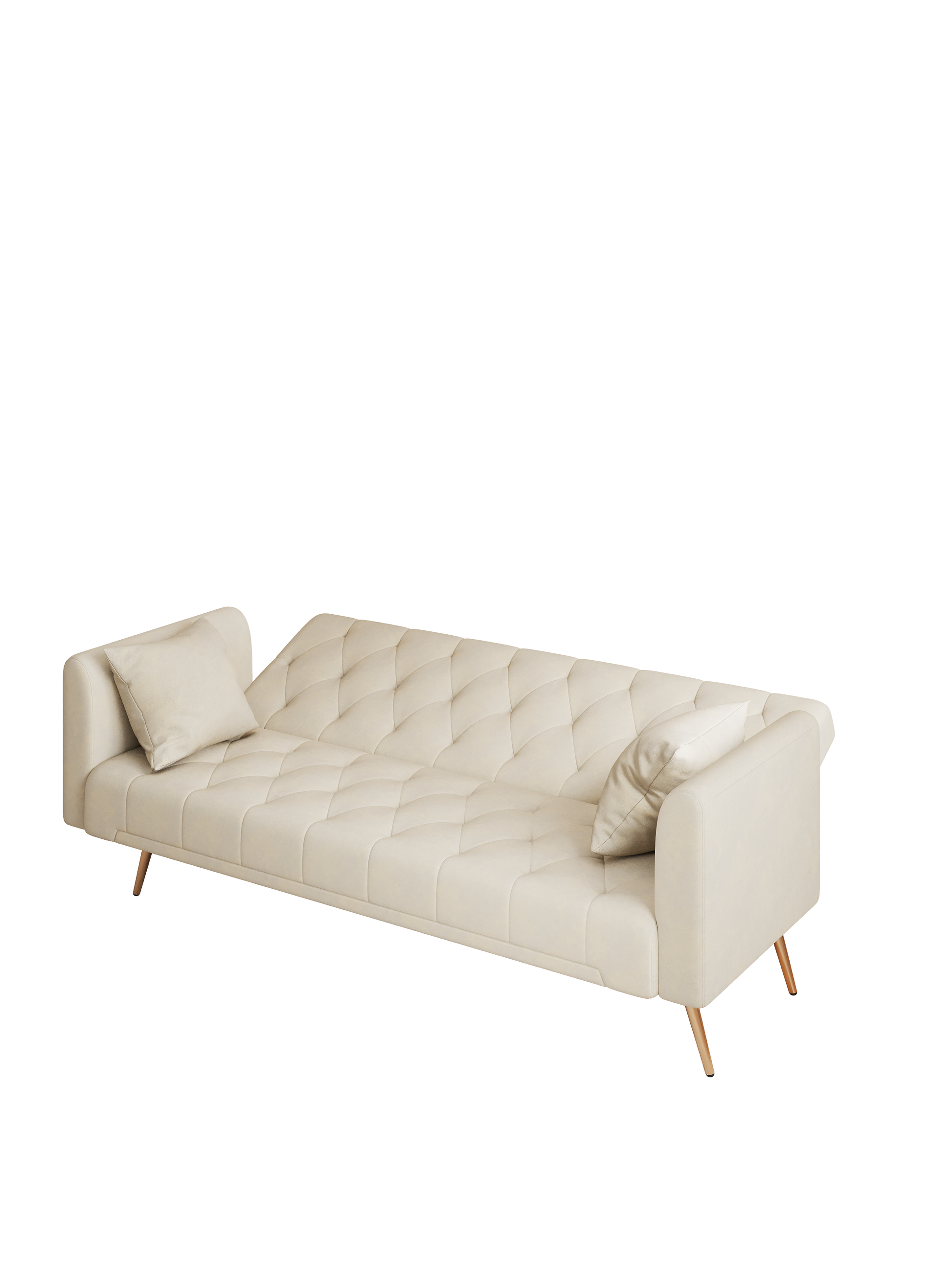 Cream tufted sofa with diamond stitching and two accent pillows