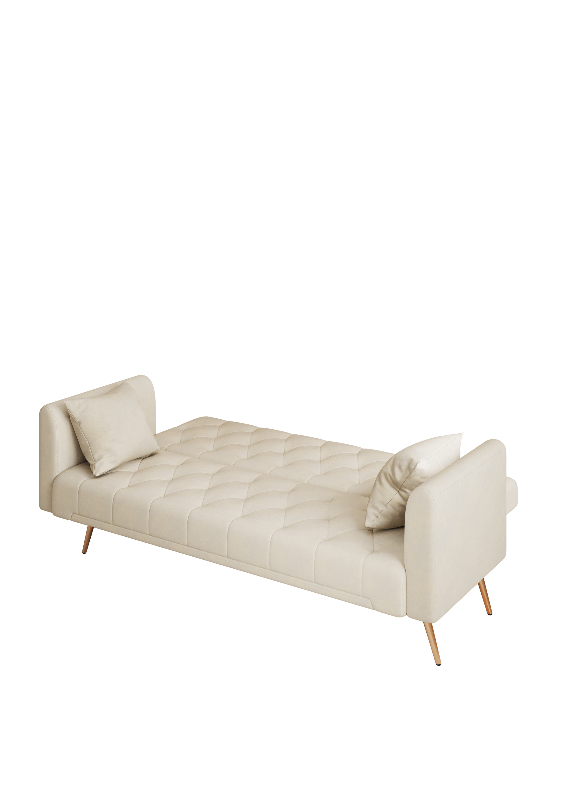 Cream tufted sofa with diamond stitch pattern and wooden legs