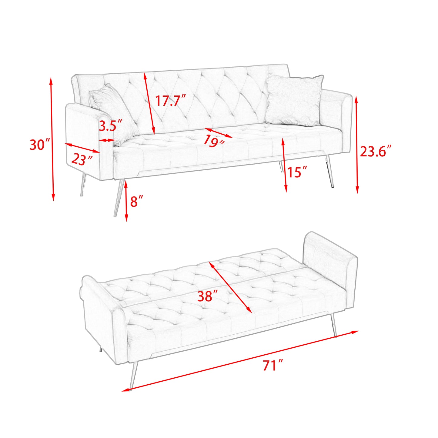 Tufted upholstered convertible sofa bed with detailed dimensions for seating and bed modes