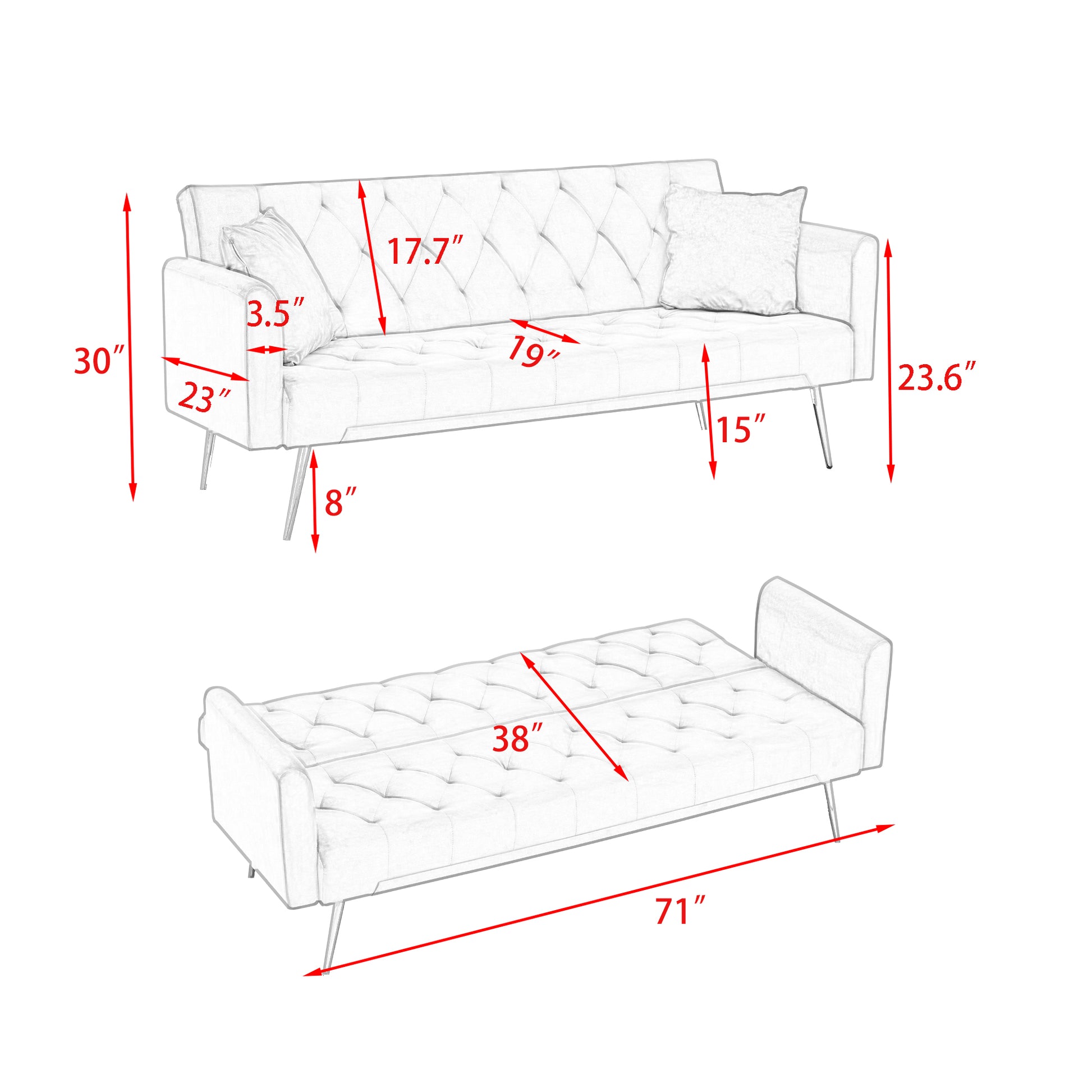 Tufted upholstered convertible sofa bed with detailed dimensions for seating and bed modes