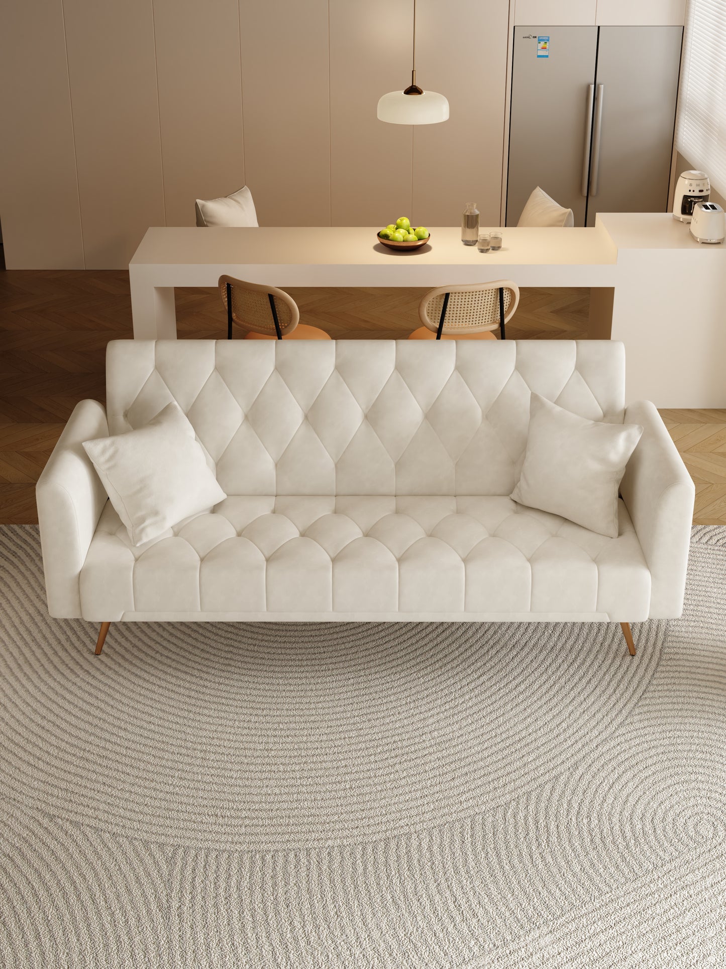 Tufted cream velvet sofa with diamond stitching and plush pillows for modern living rooms
