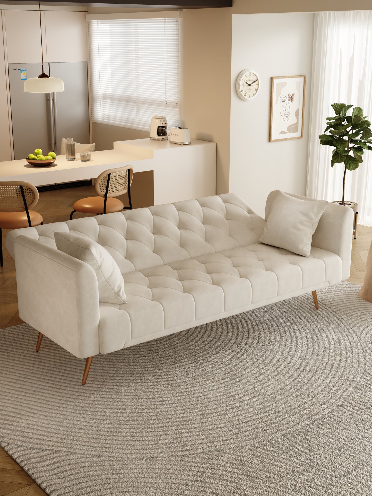 Cream velvet tufted sofa with gold legs for living room comfort