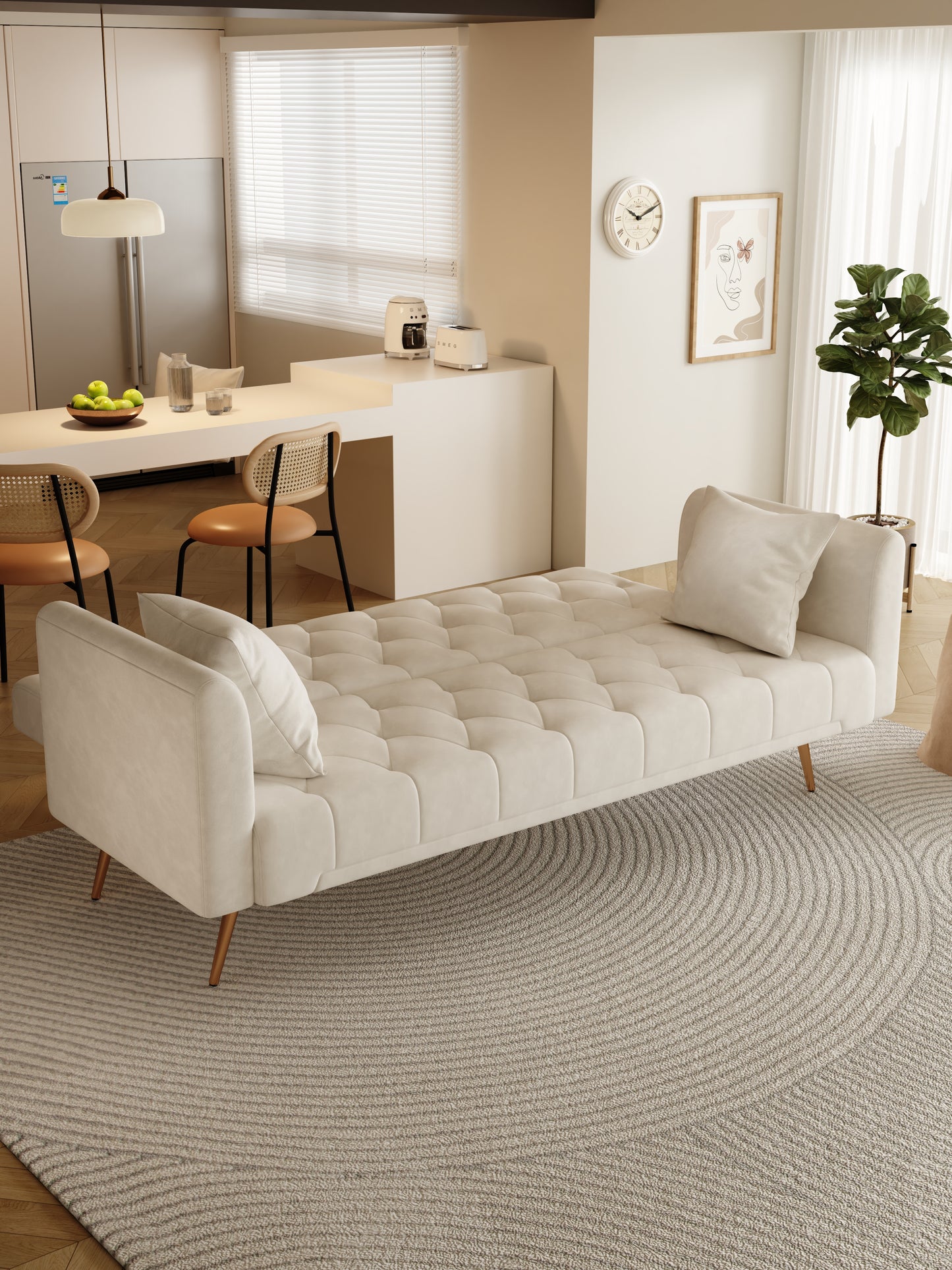 Cream velvet sofa with tufted seat and plush cushions gold legs modern design