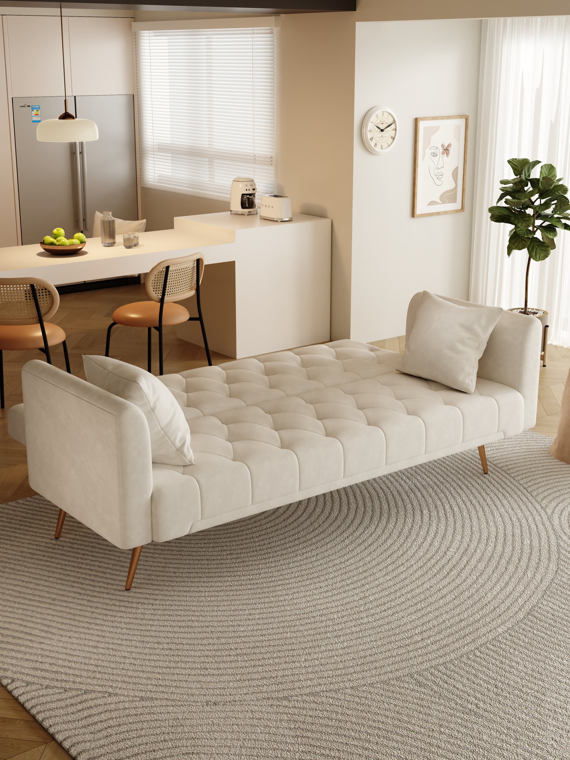 Cream velvet sofa with tufted seat and plush cushions gold legs modern design