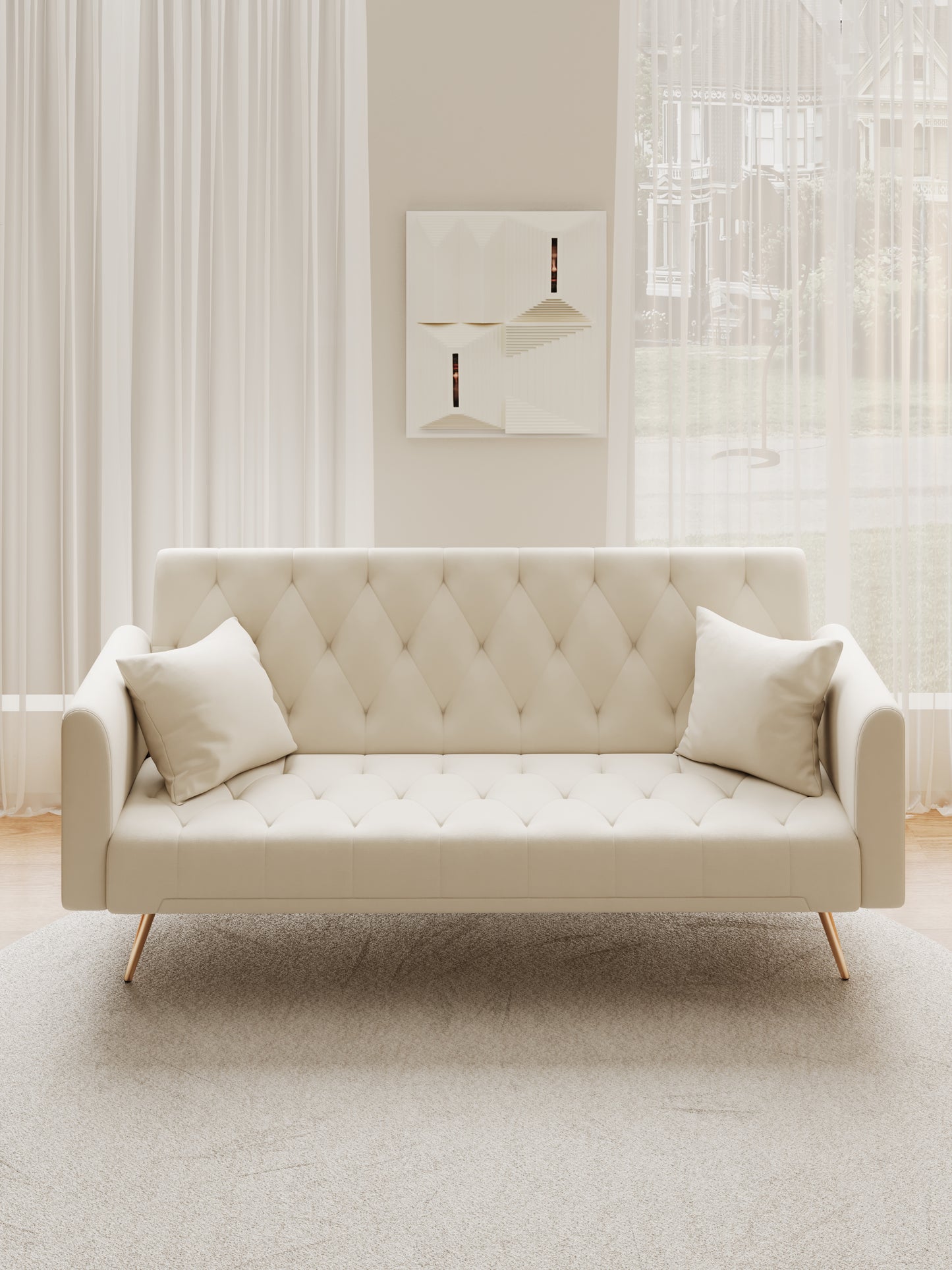 Cream tufted sofa with diamond stitching and gold legs