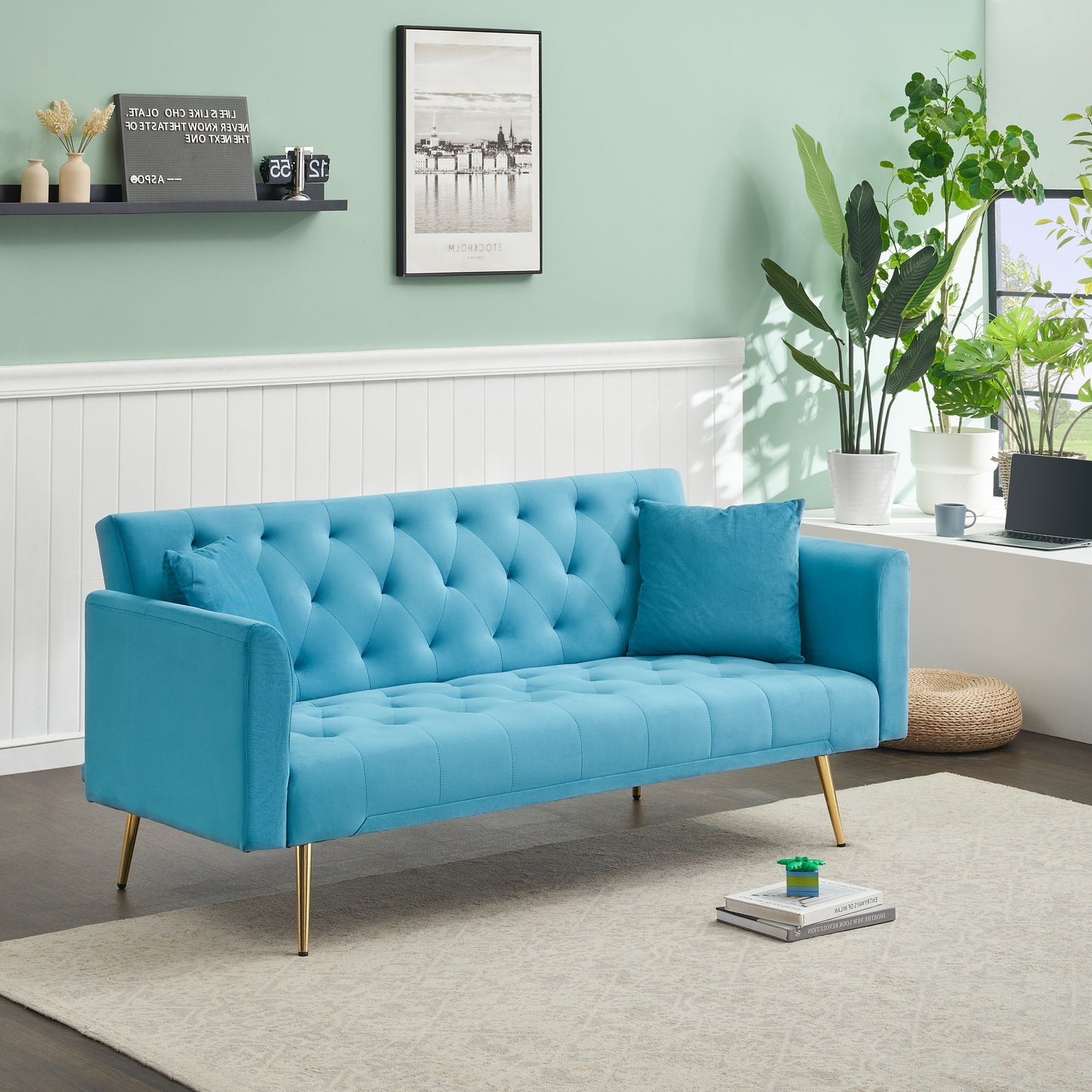 Tufted velvet sofa in a striking teal color with diamond stitching gold legs and includes accent pillows