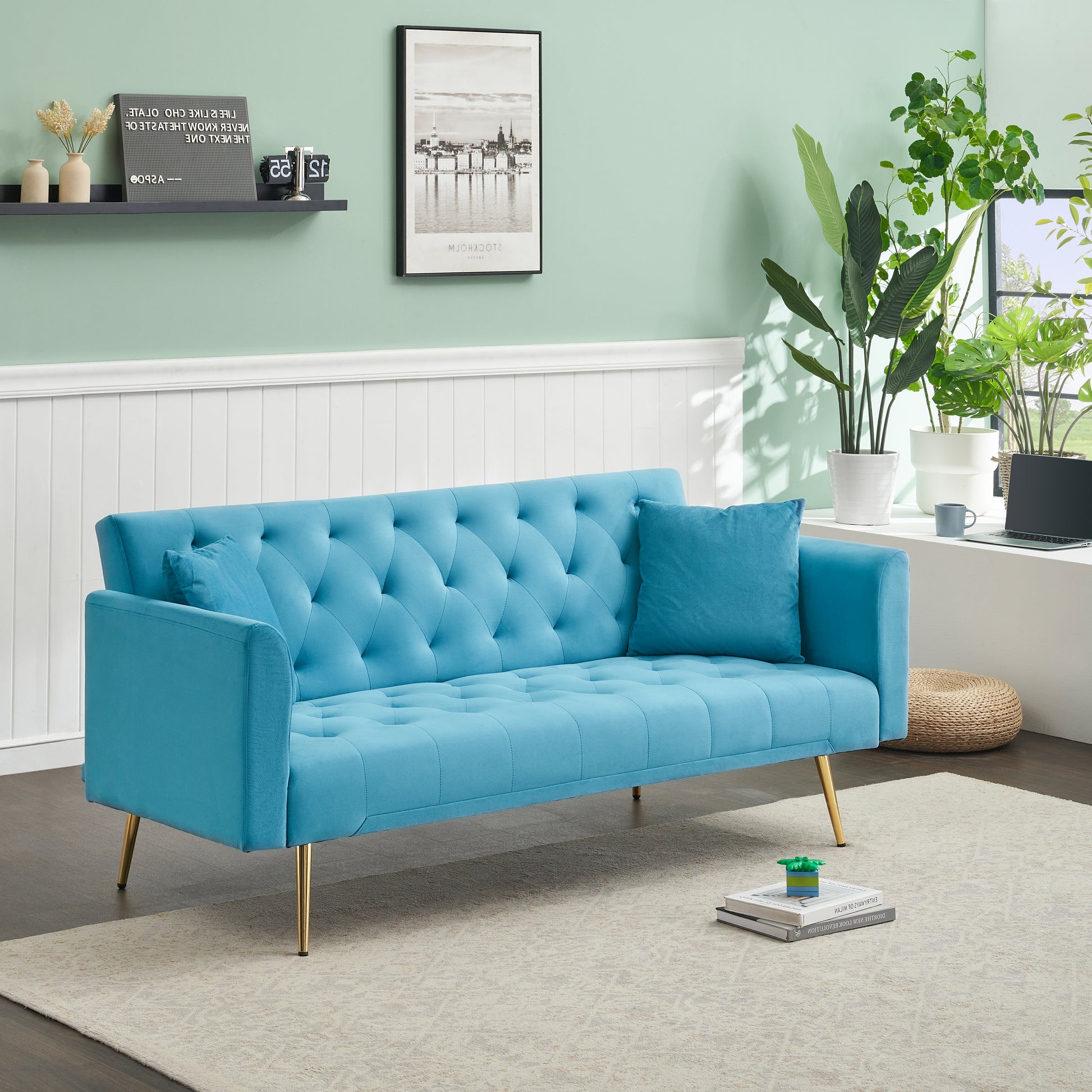 Tufted velvet sofa in a striking teal color with diamond stitching gold legs and includes accent pillows