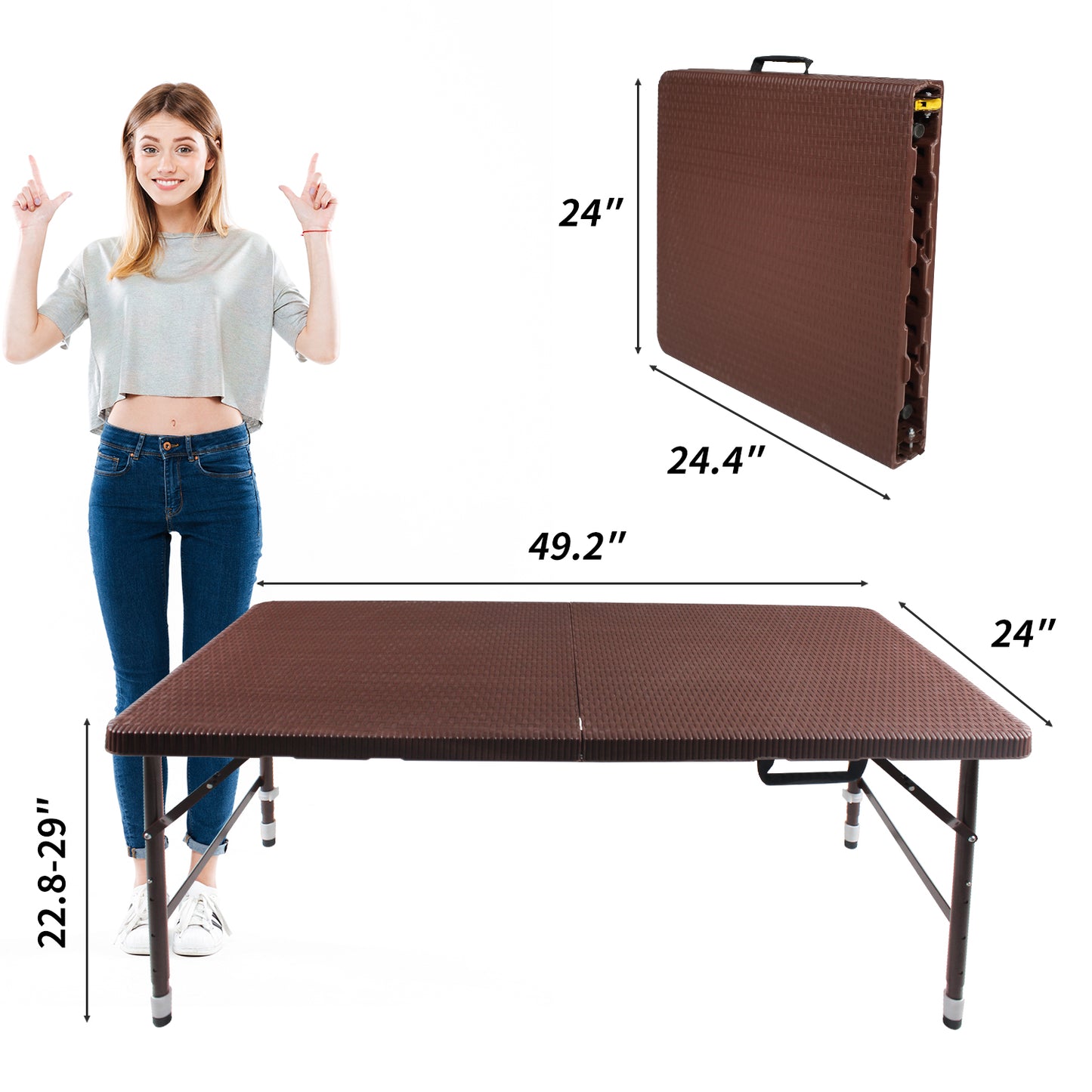 Brown folding table with textured surface and adjustable legs shown in use