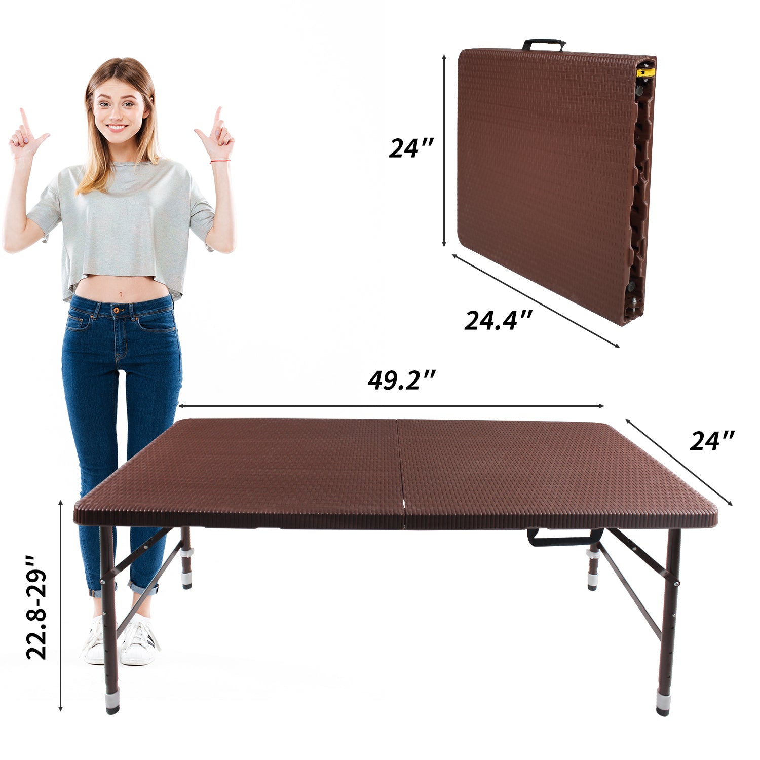 Brown folding table with textured surface and adjustable legs shown in use