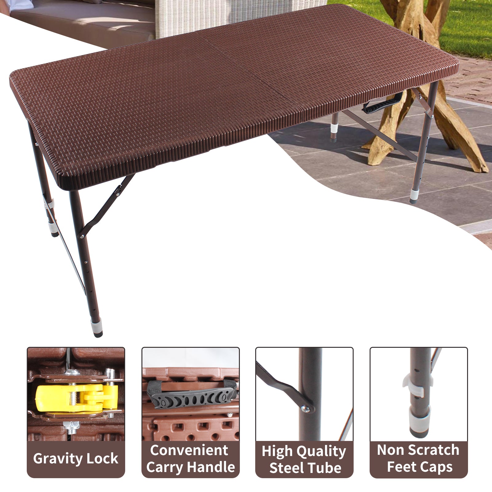 Brown textured folding picnic table with metal legs perfect for outdoor events