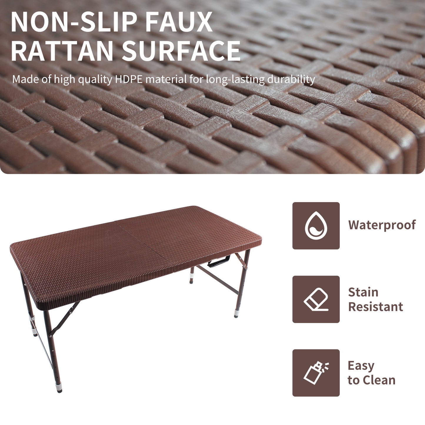 Brown faux rattan folding table with durable HDPE surface