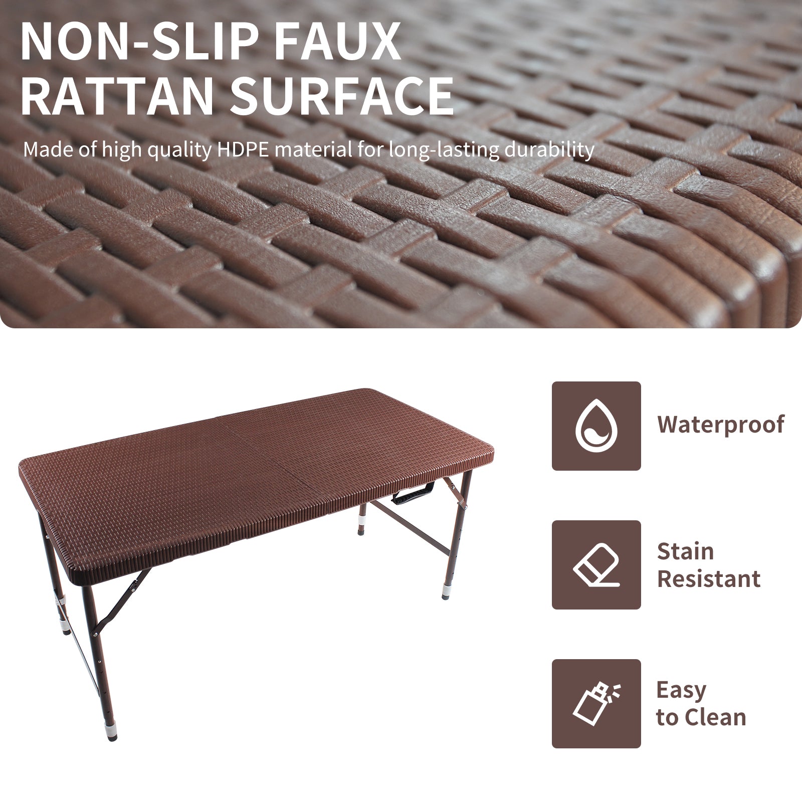 Brown faux rattan folding table with durable HDPE surface
