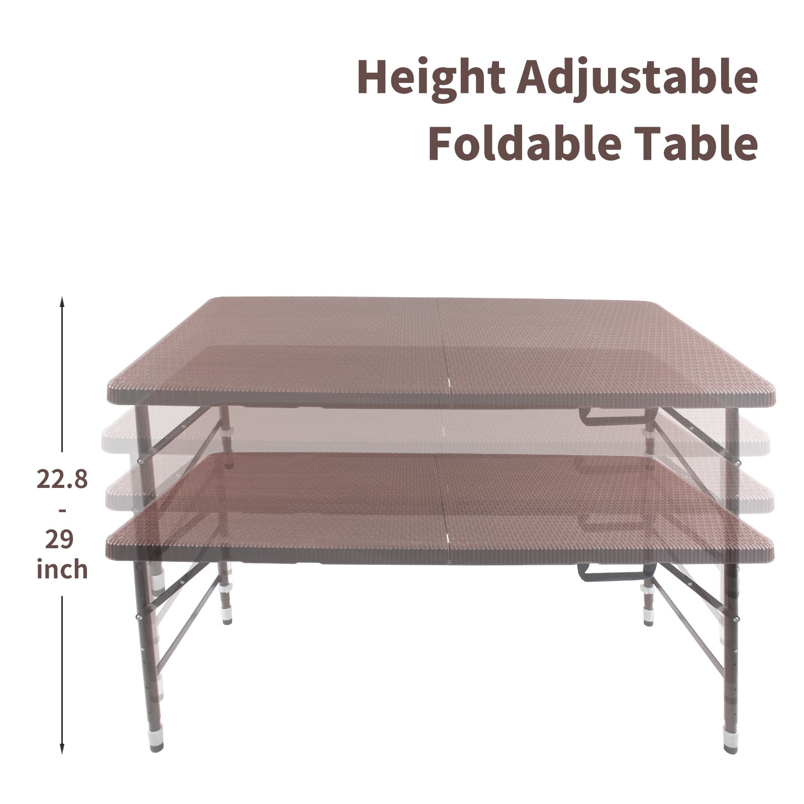 Brown adjustable foldable table with textured surface shown at different heights