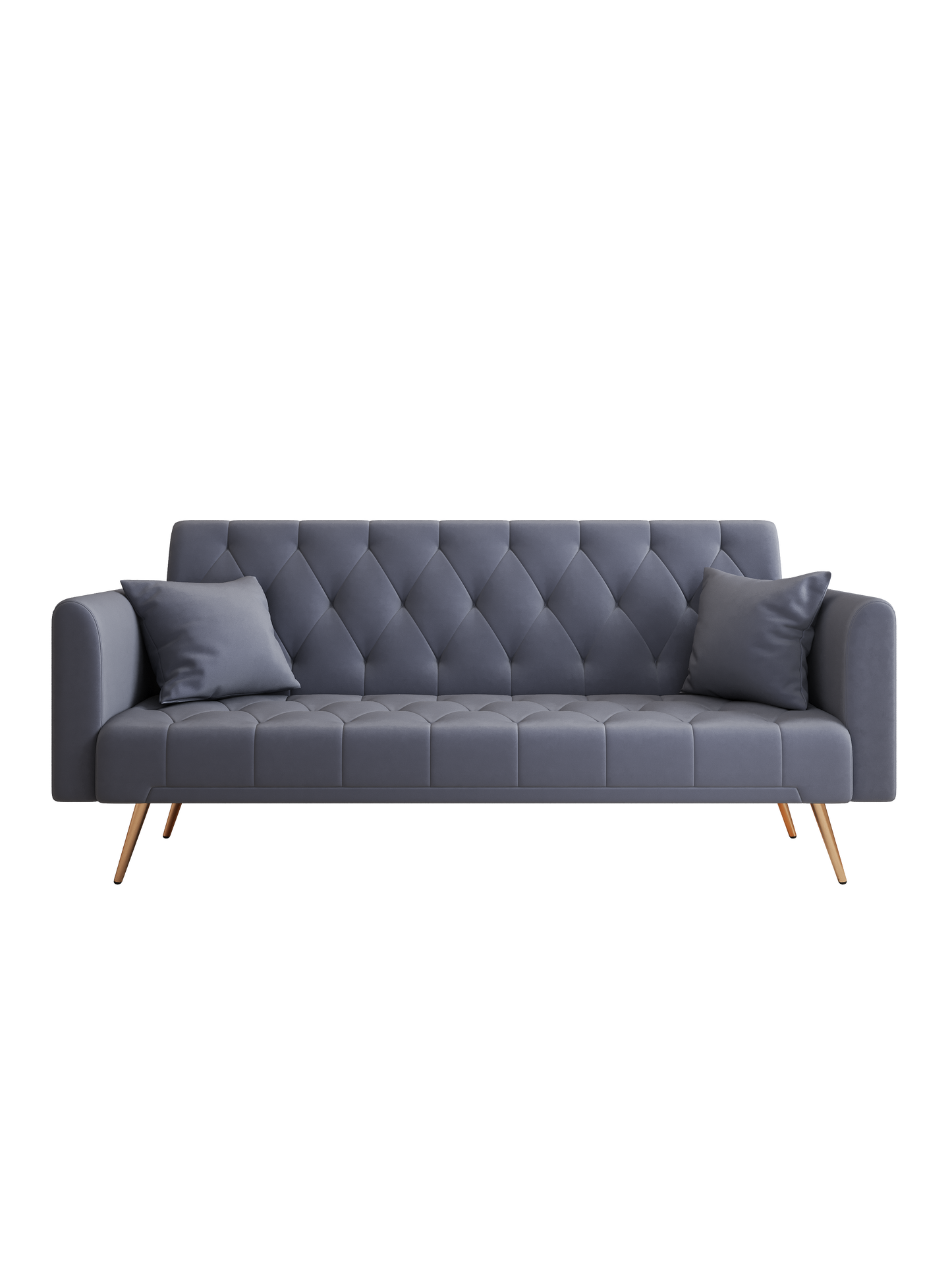 Grey velvet threeseater sofa with diamond tufting and two scatter cushions