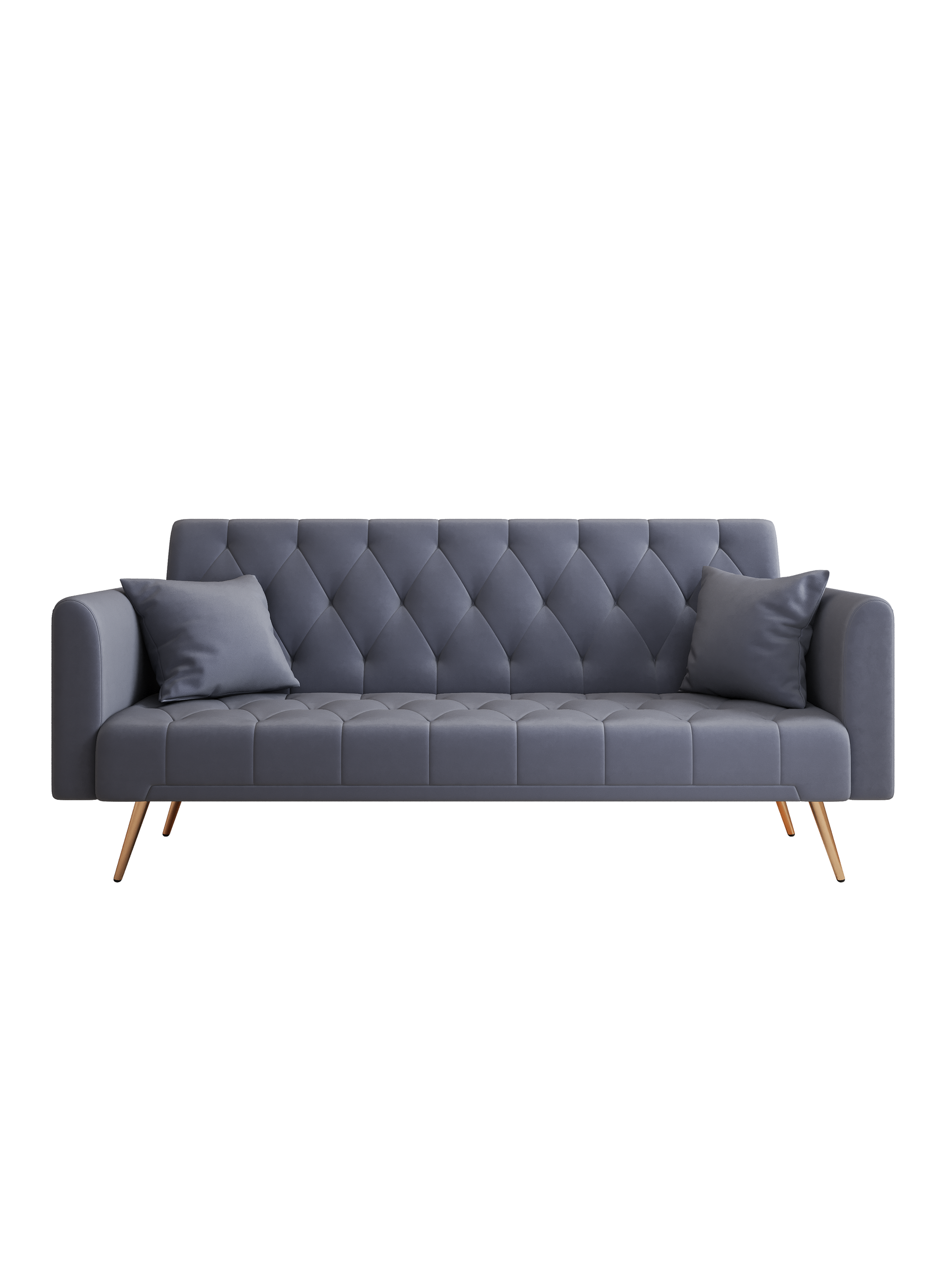 Grey velvet threeseater sofa with diamond tufting and two scatter cushions